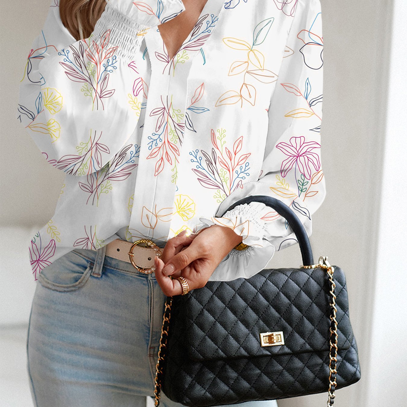 Elegant Polyester Blouse With Floral Print, V-Neck, Long Sleeve, Relaxed Fit, Suitable For Women, Seasonal And Versatile