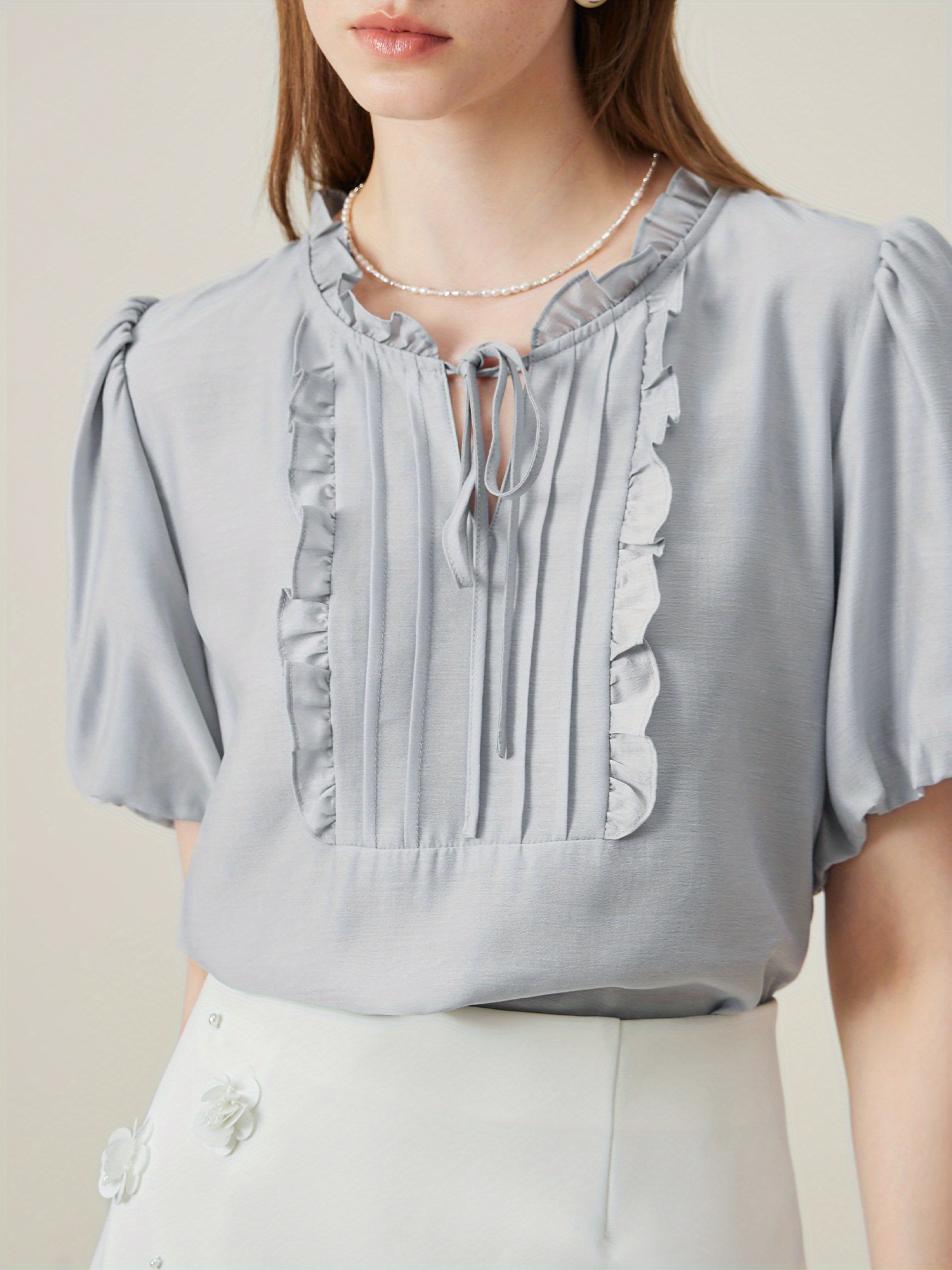 Ruffle Trim Tie Neck Blouse, Elegant Solid Short Sleeve Blouse For Spring & Summer, Women's Clothing