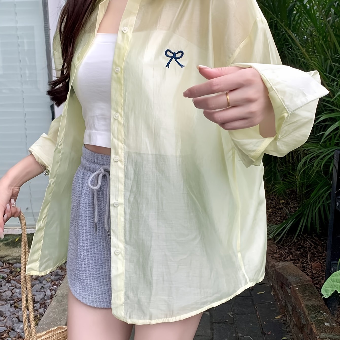 Women's Casual Polyester Blouse With Butterfly Embroidery, Relaxed Fit, UV Protection, Adjustable Button Front, Seasonless