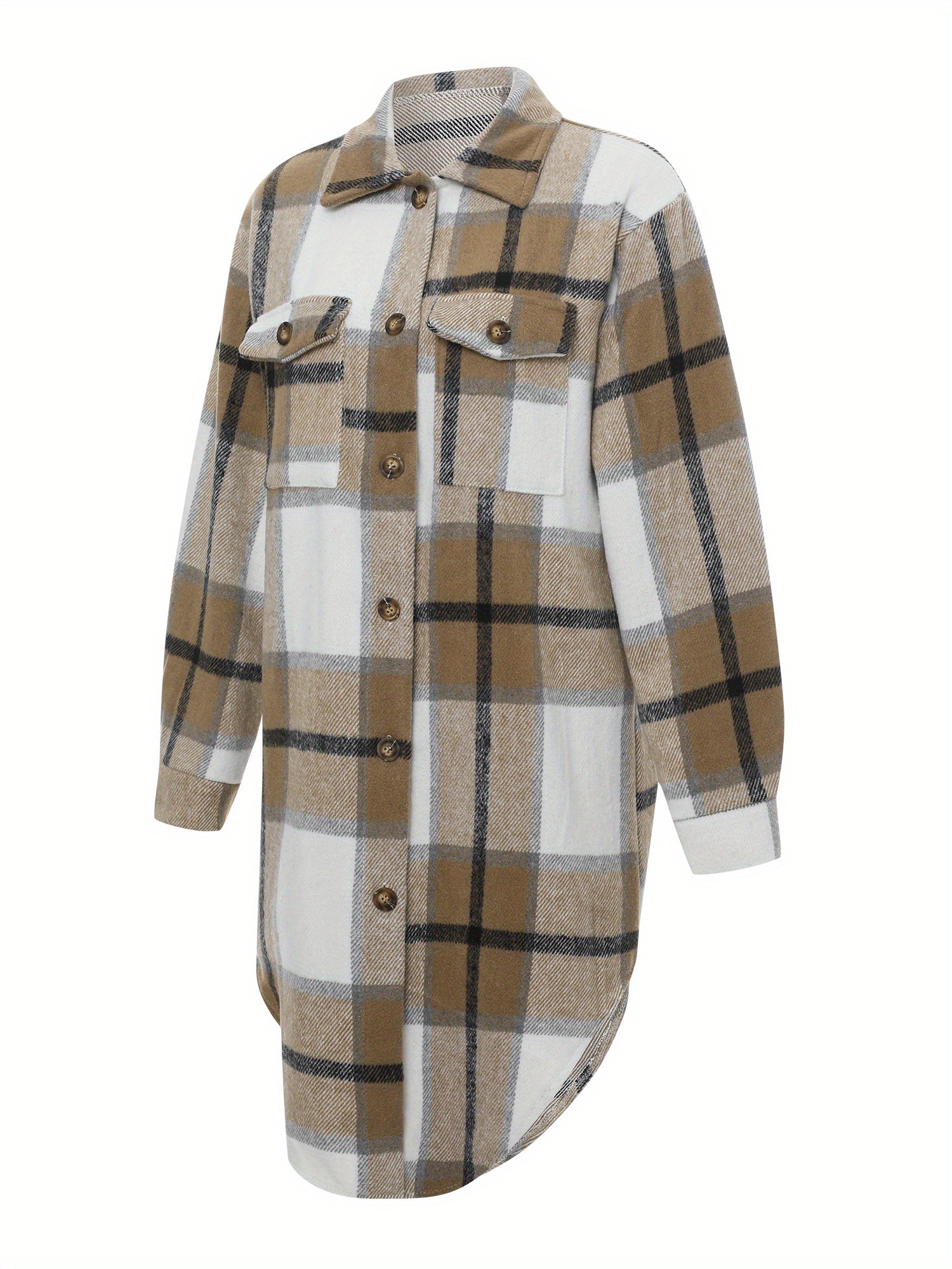 Plaid Pattern Button Up Blouse, Casual Lapel Collar Arc Hem Mid Length Blouse With Pocket, Women's Clothing