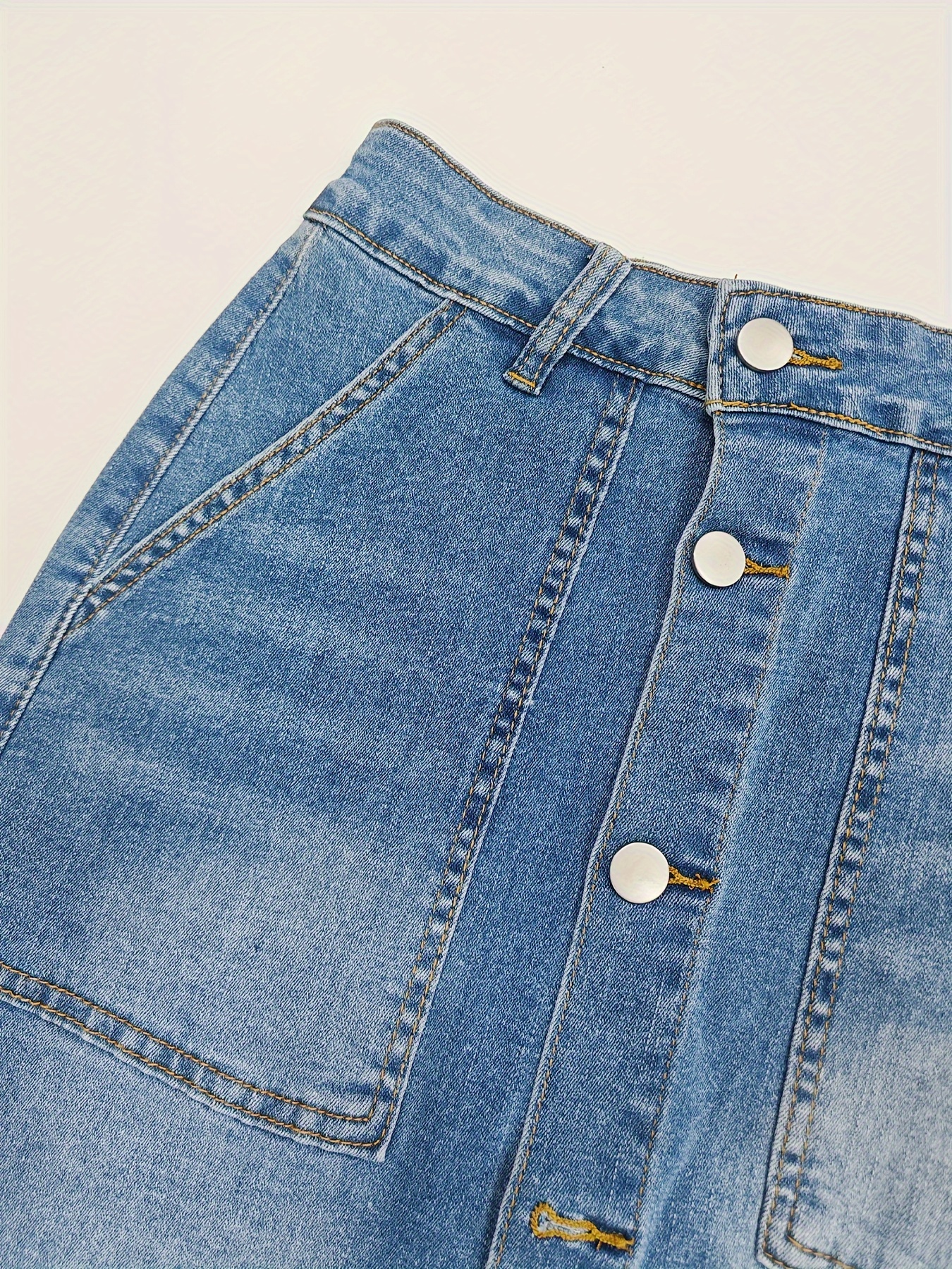 Single-breasted Button Fly Plain Washed Blue Split Sexy Denim Skirt, Women's Denim Jeans & Clothing