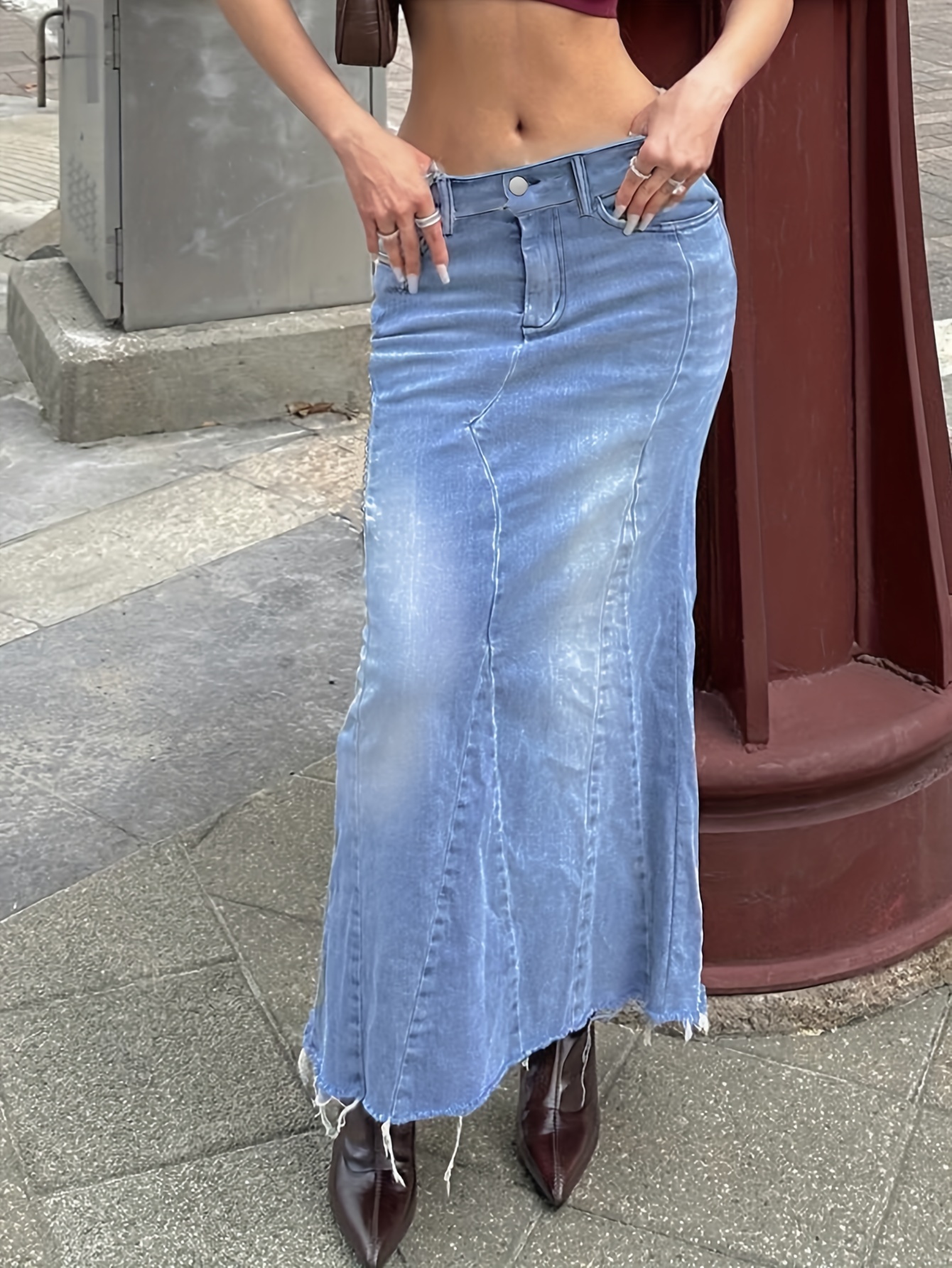 Raw Hem Plain Washed Blue Elegant Style Maxi Denim Skirt, Women's Denim Jeans & Clothing