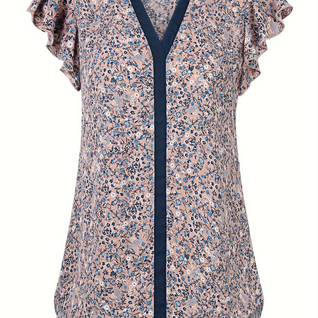 Floral Print Contrast Trim Blouse, Cute Notched Neck Short Sleeve Blouse For Spring & Summer, Women's Clothing