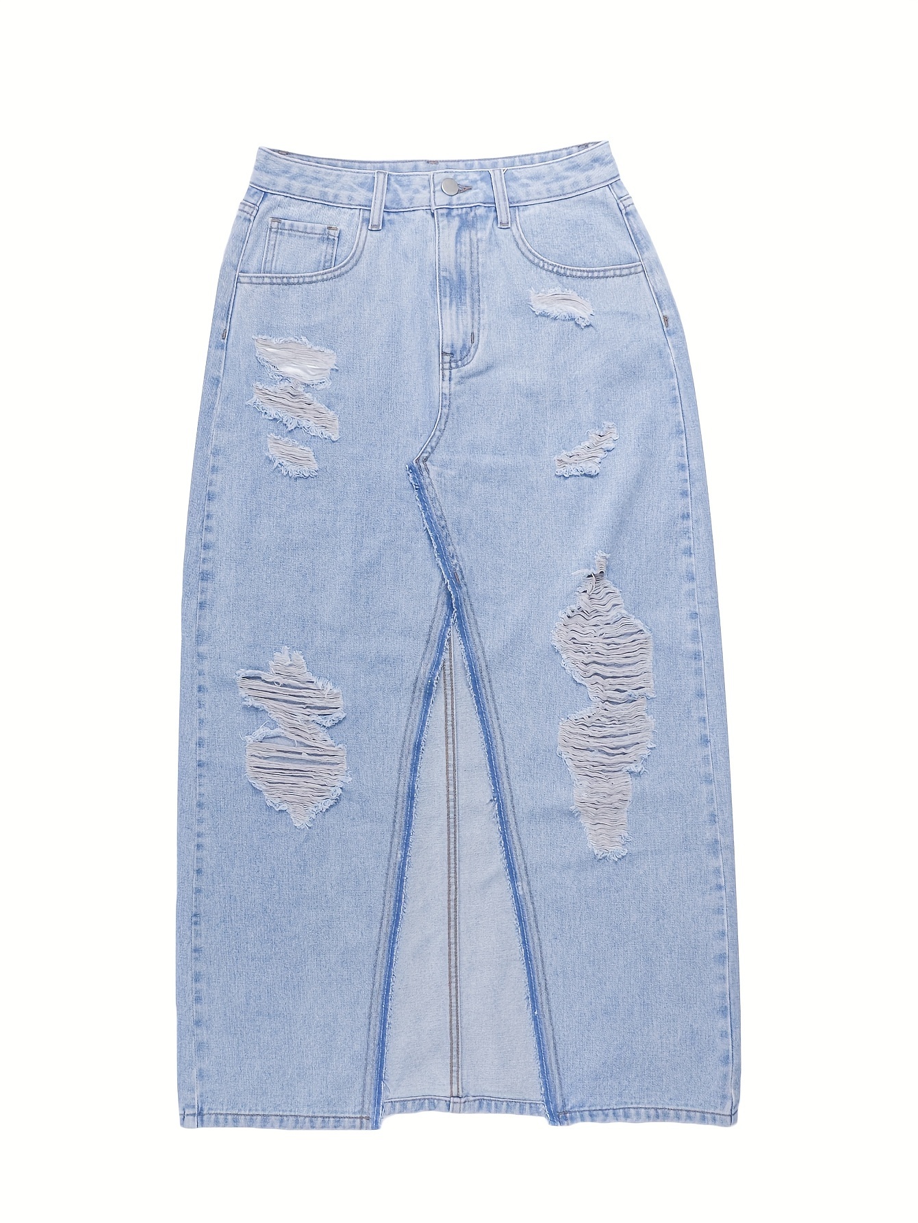 Ripped Split Front Plain Washed Blue Streetwear Maxi Denim Skirt, Women's Denim Jeans & Clothing