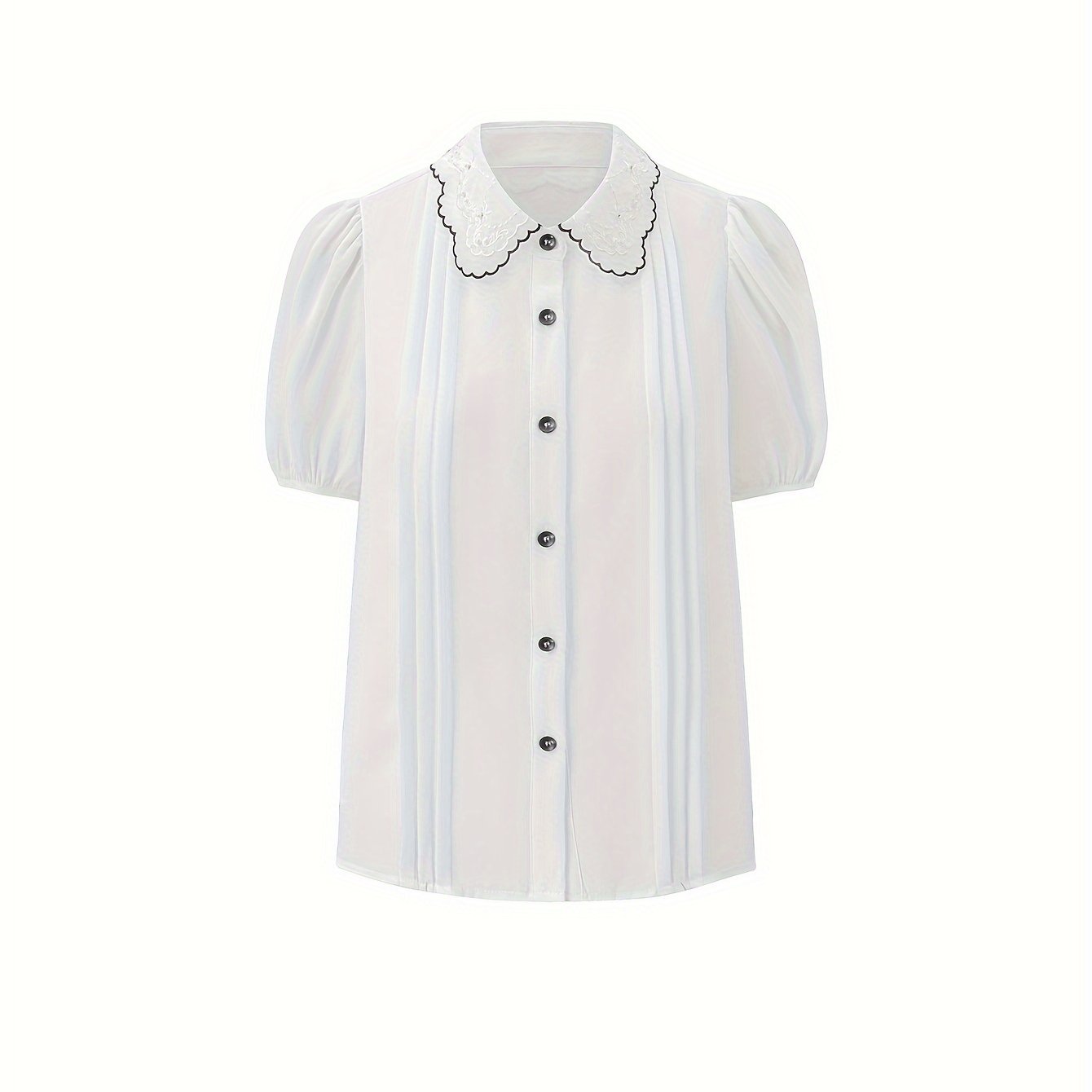 Color Block Button Front Shirt, Elegant Short Sleeve Scallop Trim Embroidered Shirt For Spring & Summer, Women's Clothing