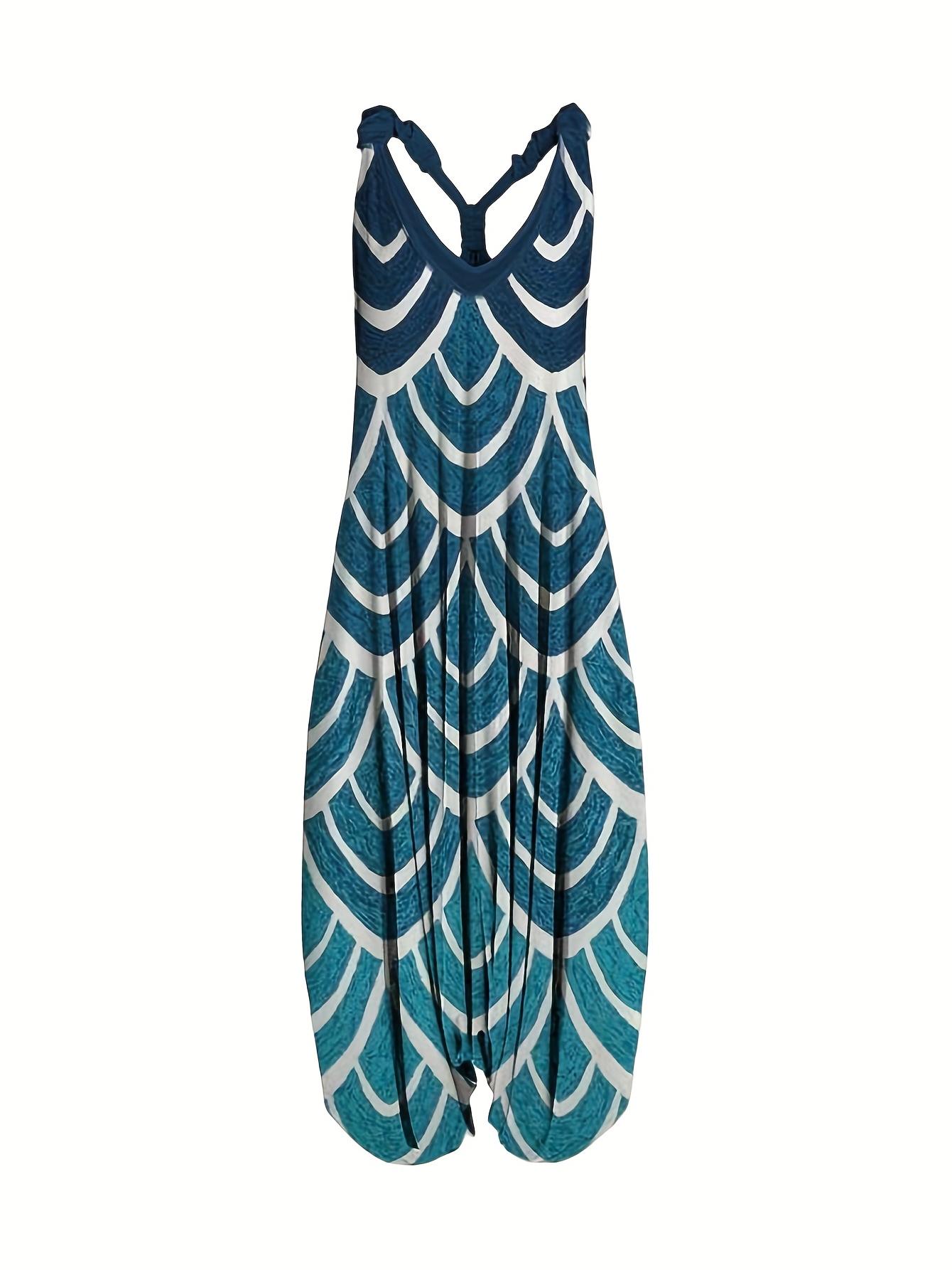 Vibrant Graphic Print Long Sleeveless V Neck Baggy Jumpsuit for Women - Relaxed Fit, Mid Elasticity, Machine Washable, Perfect for Summer Casual Occasions