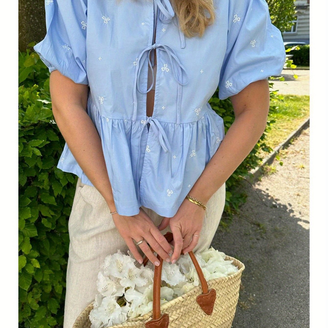 Tie Up Front Crew Neck Blouse, Elegant Short Puff Sleeve Ruffle Hem Blouse For Spring & Summer, Women's Clothing