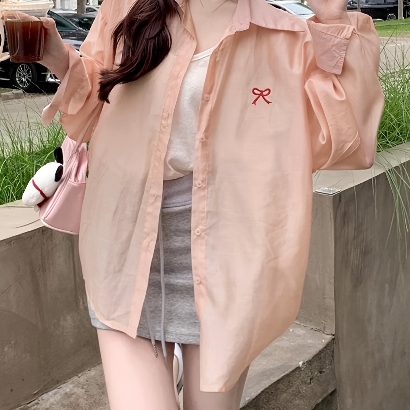 Women's Casual Polyester Blouse With Butterfly Embroidery, Relaxed Fit, UV Protection, Adjustable Button Front, Seasonless