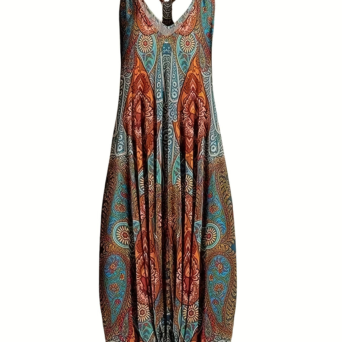 Fashionable Graphic Print V Neck Jumpsuit - Effortlessly Chic Sleeveless Baggy Style - Perfect for Spring & Summer - Trendy Womens Clothing