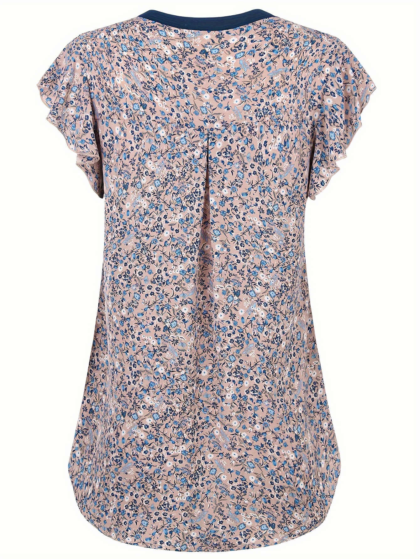 Floral Print Contrast Trim Blouse, Cute Notched Neck Short Sleeve Blouse For Spring & Summer, Women's Clothing