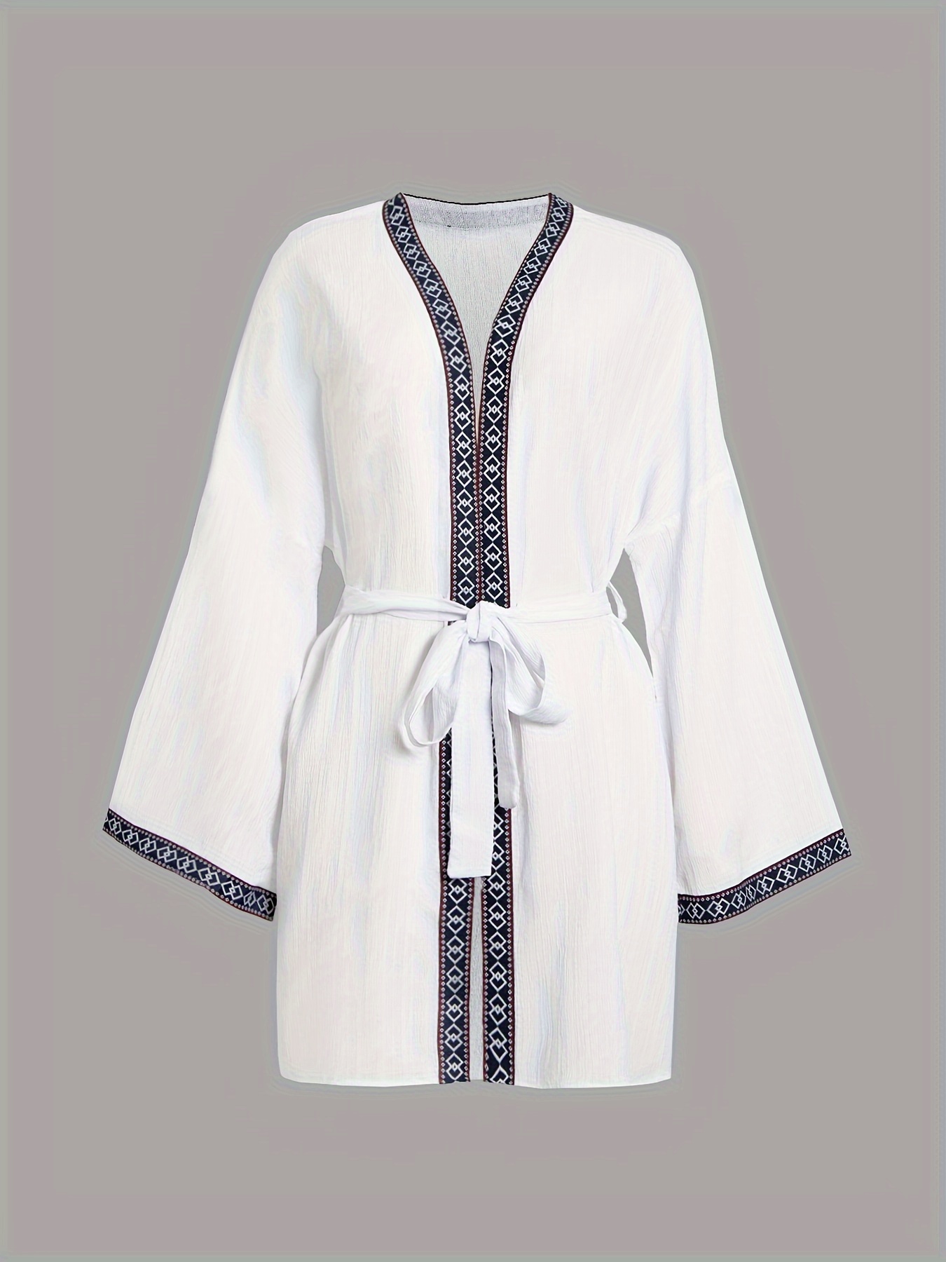 Contrast Trim Tie Waist Blouse, Casual Long Sleeve Blouse For Spring & Fall, Women's Clothing