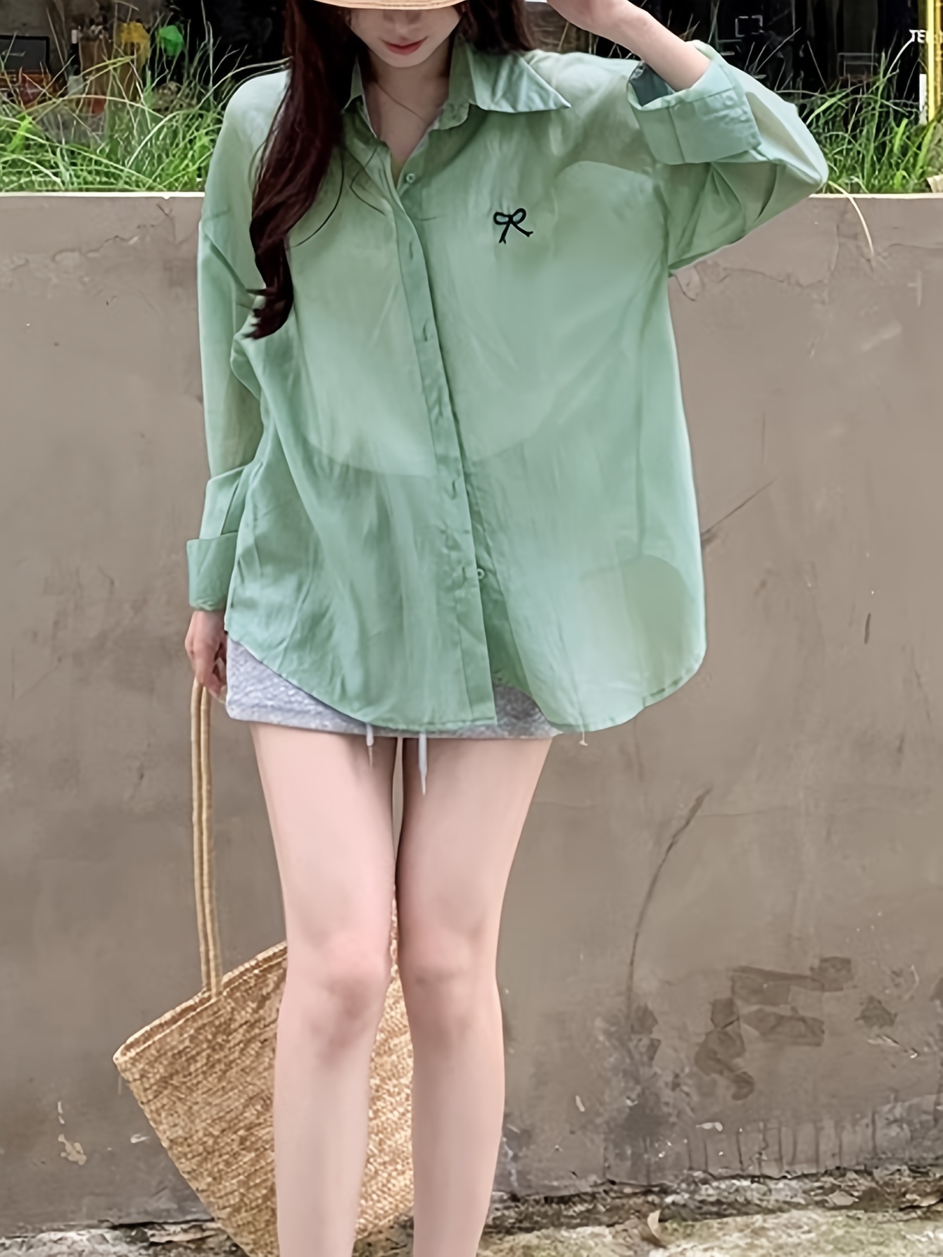 Women's Casual Polyester Blouse With Butterfly Embroidery, Relaxed Fit, UV Protection, Adjustable Button Front, Seasonless