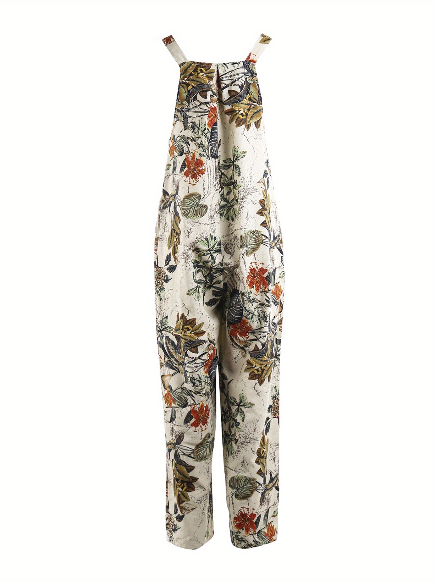 Floral Print Square Neck Overall Jumpsuit, Casual Button Decor With Pockets Sleeveless Ruched Overall Jumpsuit For Spring & Summer, Women's Clothing