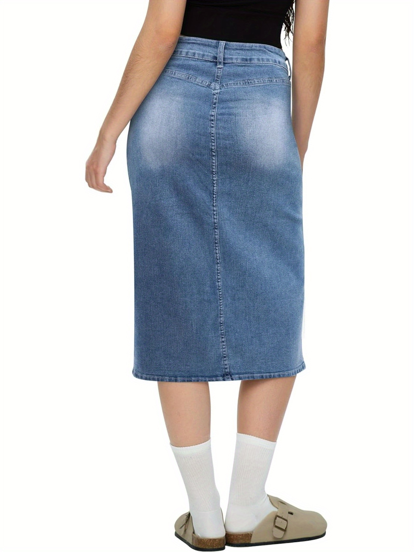Women's Casual Midi-Length Denim Skirt With Front Slit And Patch Pockets, Straight Cut Jean Skirt