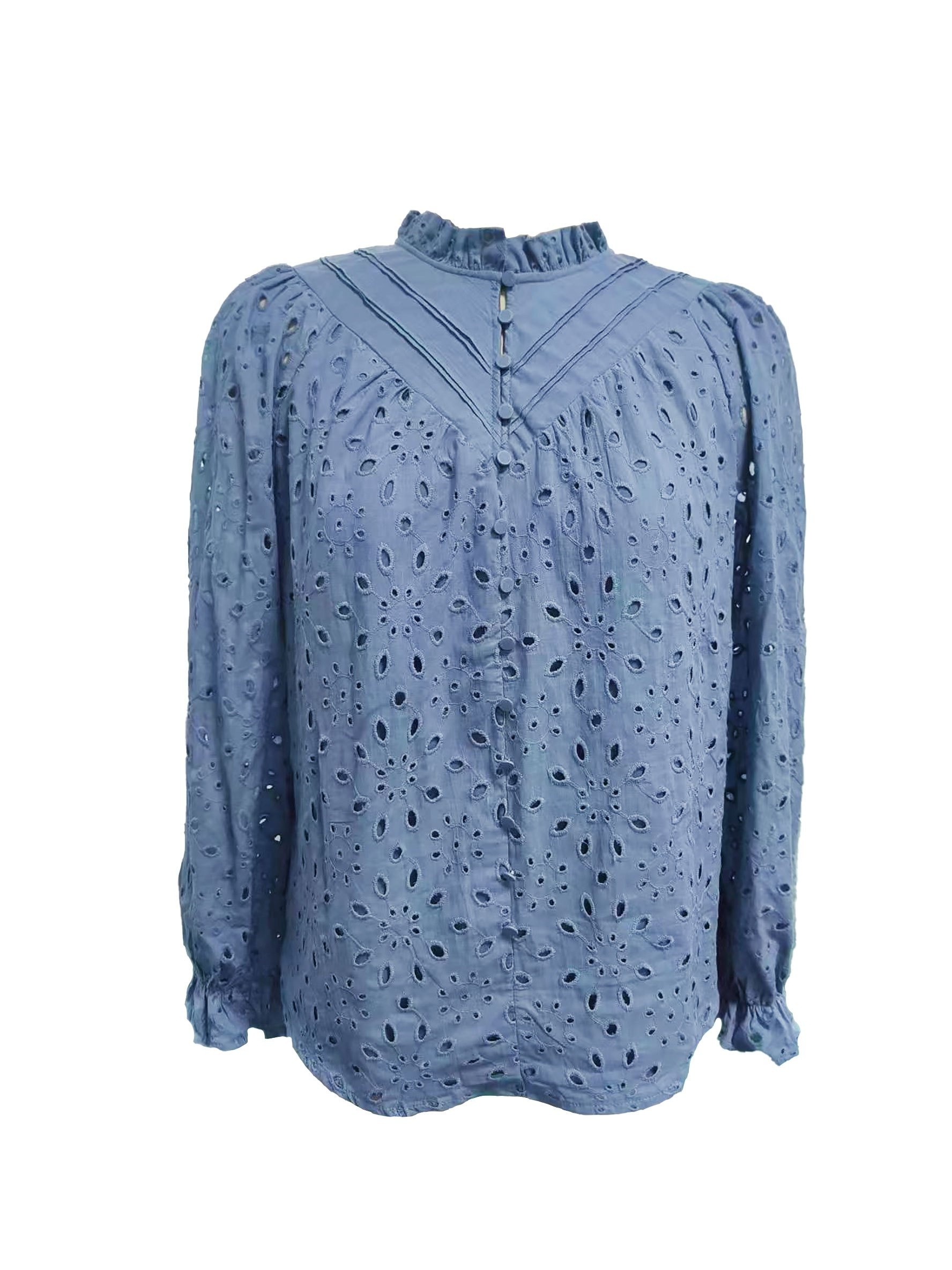 Regular Casual Shirt V-neck Hollow Embroidery Fashion Lotus Leaf Long Sleeve