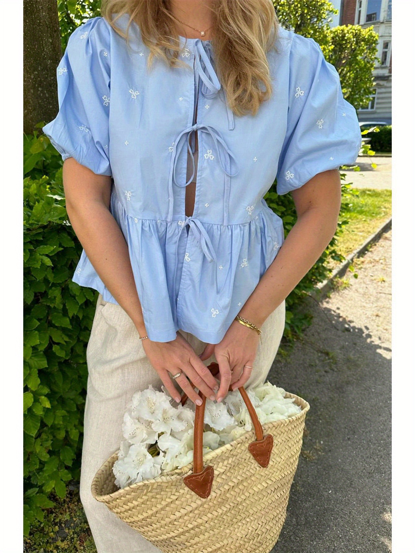 Tie Up Front Crew Neck Blouse, Elegant Short Puff Sleeve Ruffle Hem Blouse For Spring & Summer, Women's Clothing