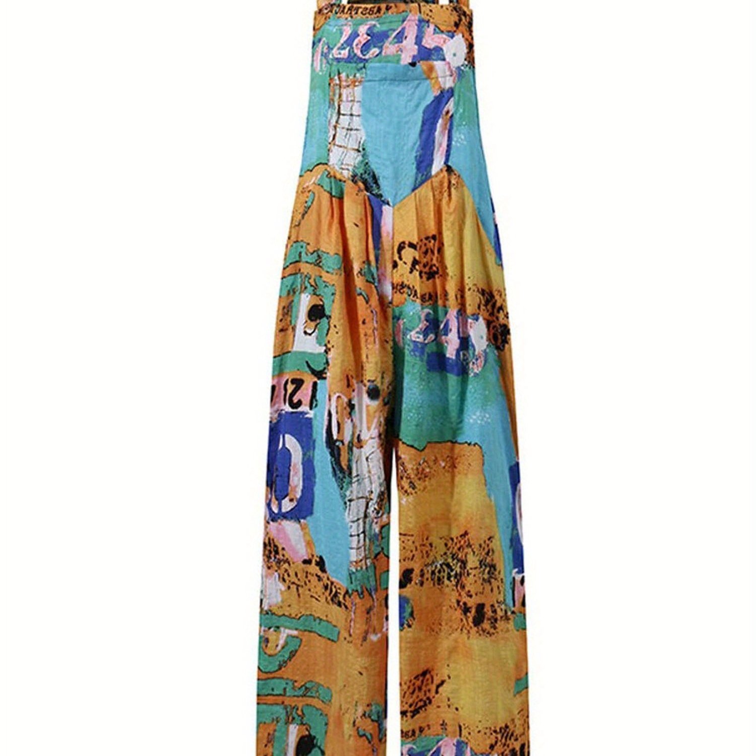 Allover Print Square Neck Overall Jumpsuit, Casual Loose Wide Leg Overall Jumpsuit With Pocket, Women's Clothing