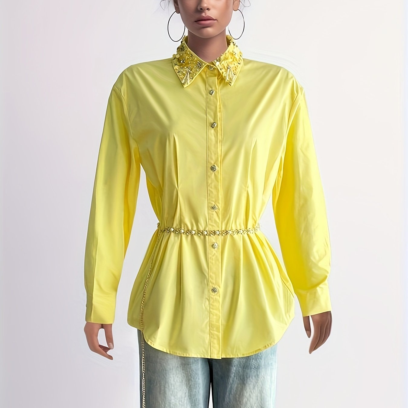 Women's Casual Comfy Vibrant Shirt-100% Polyester, Long Sleeve, Chain Belt, Rhinestone Trim Neckline, Single Breasted, Straight Hem-perfect For Work&vacation