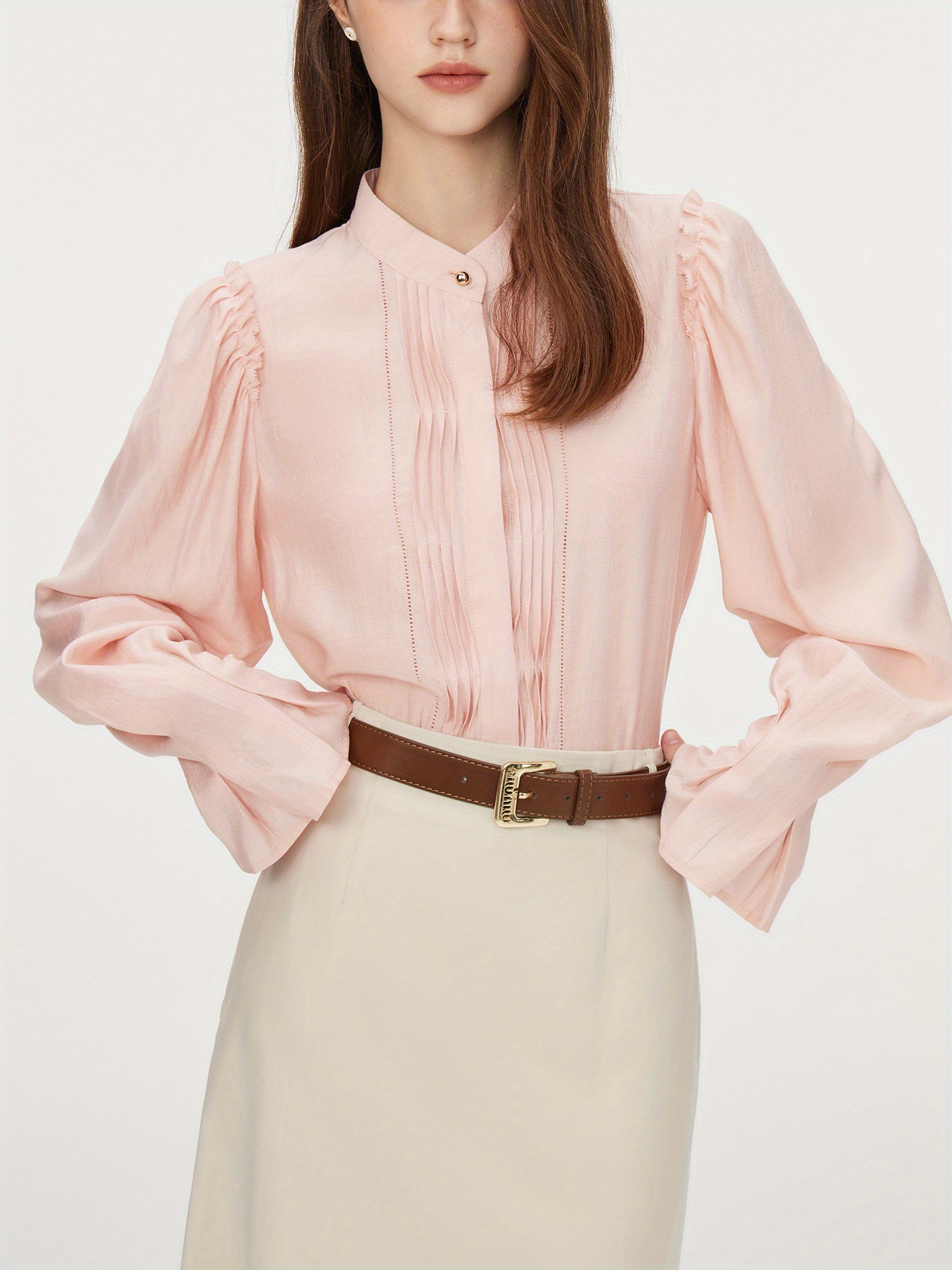 Elegant French-Inspired Women's Blouse - Long Sleeve With Stand Collar & Pleated Detail, Non-Stretch Viscose Blend, Perfect For Fall