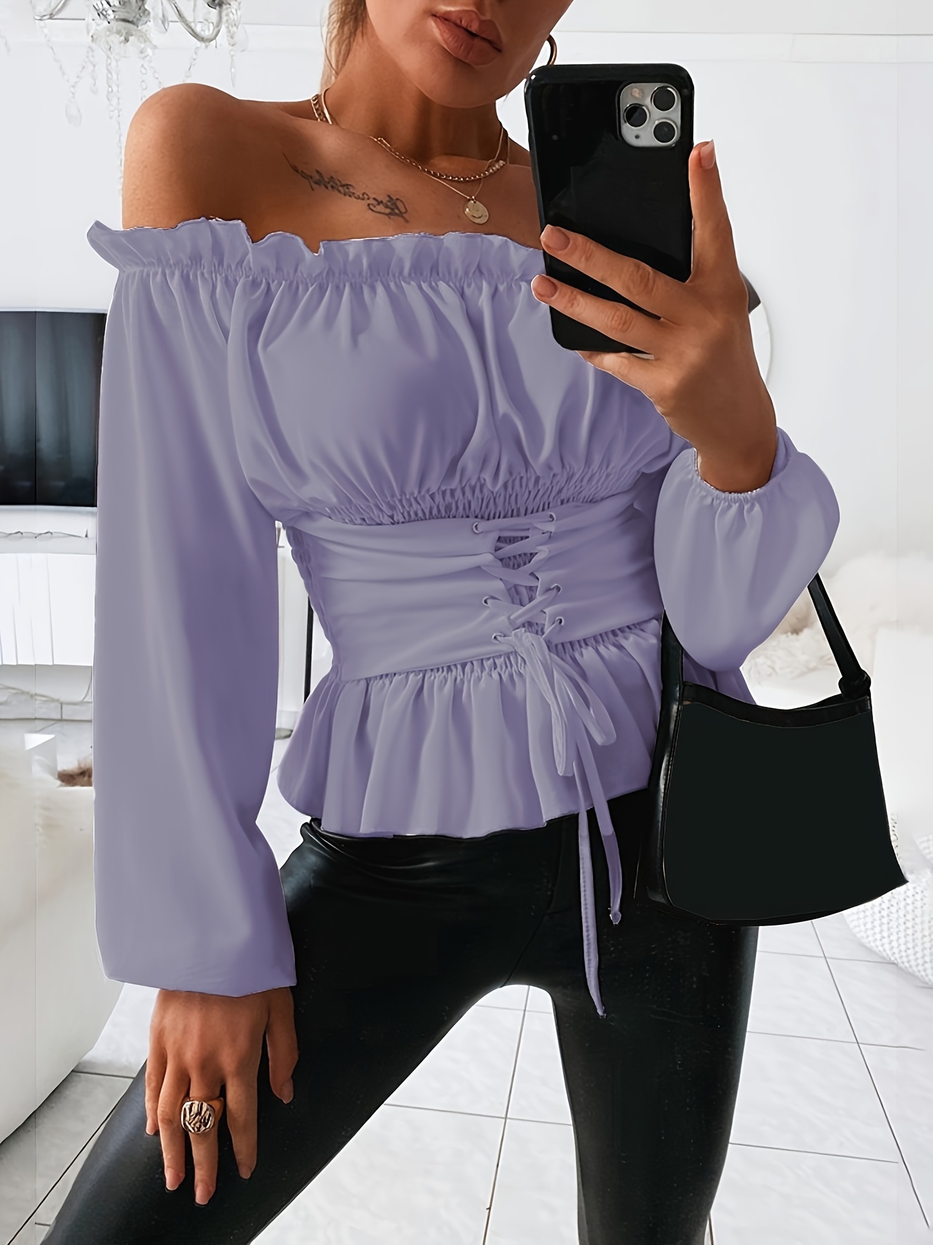 Chic Off Shoulder Ruffle Blouse with Tie Detail; Flattering Long Sleeve, Versatile & Machine Washable