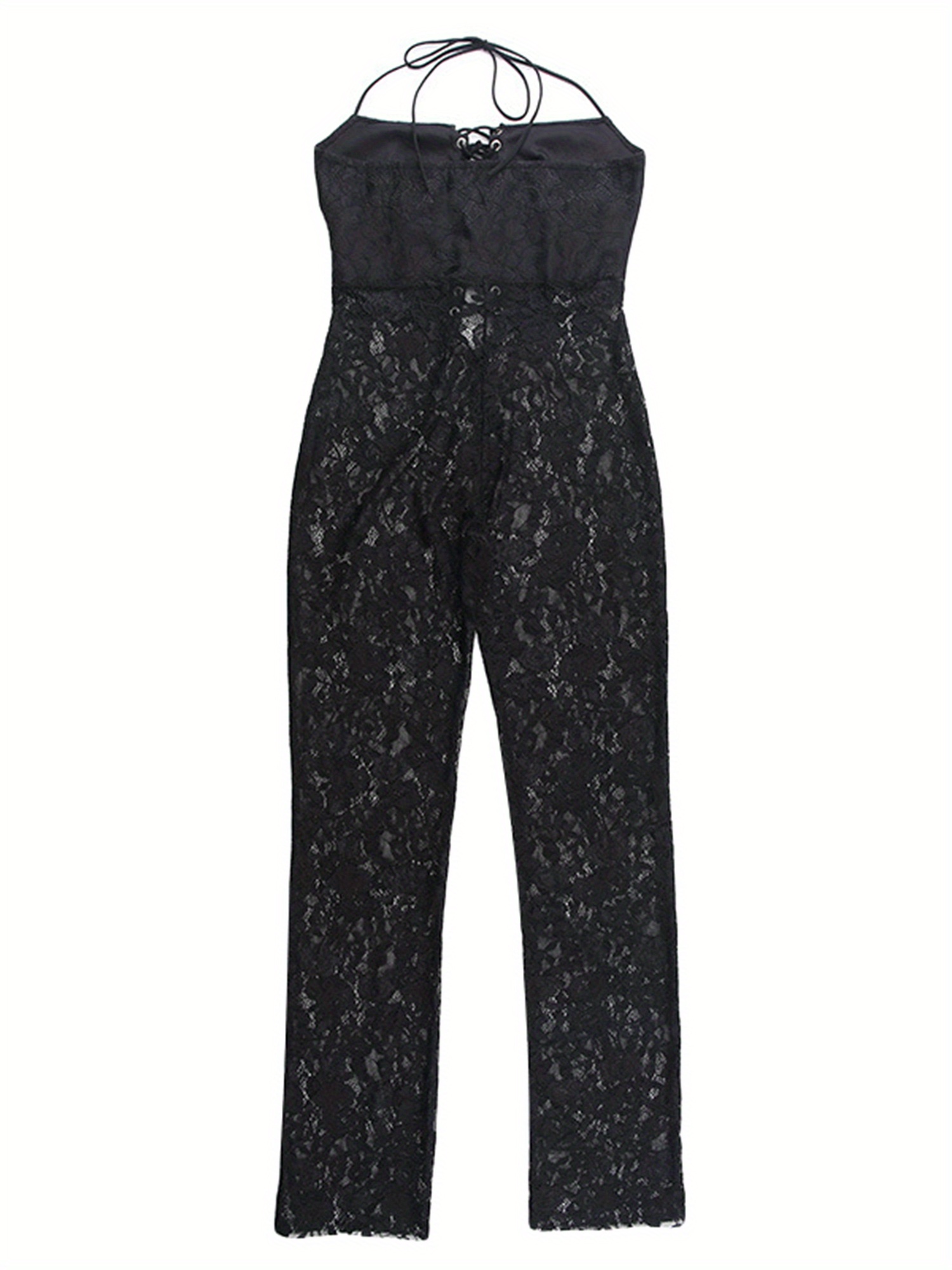Solid Lace Cross Tie Halter Jumpsuit, Elegant Slim Backless Jumpsuit, Women's Clothing