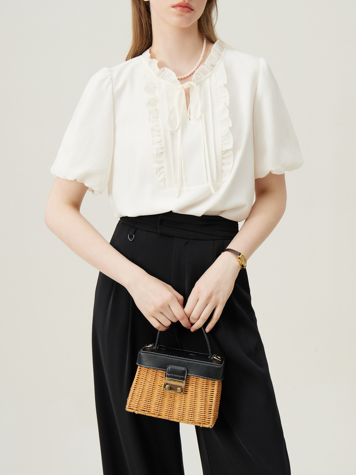 Ruffle Trim Tie Neck Blouse, Elegant Solid Short Sleeve Blouse For Spring & Summer, Women's Clothing