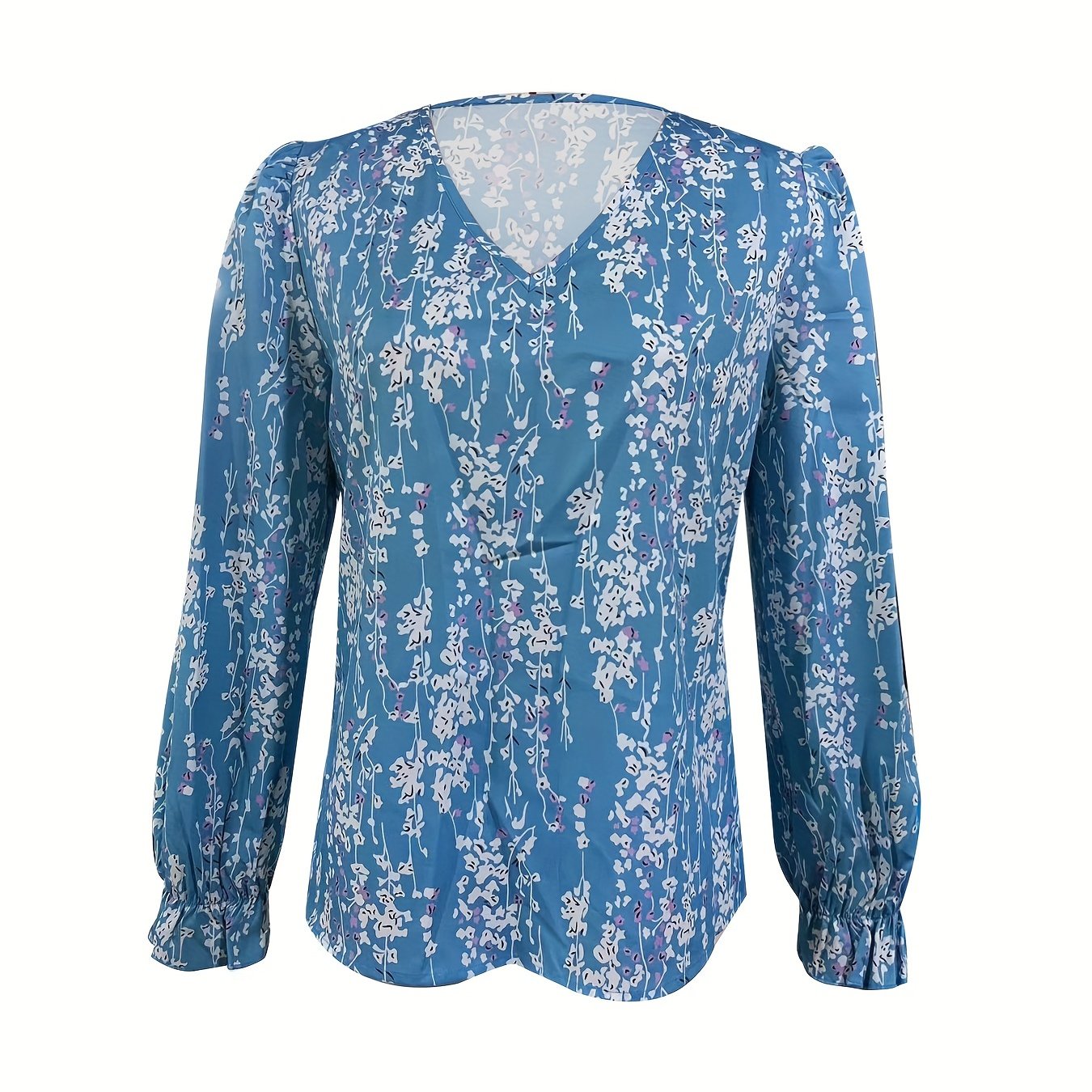 Women's Elegant Casual Blouse With Small Floral Pattern, Polyester Fabric, V-Neck, Machine Washable, All-Season