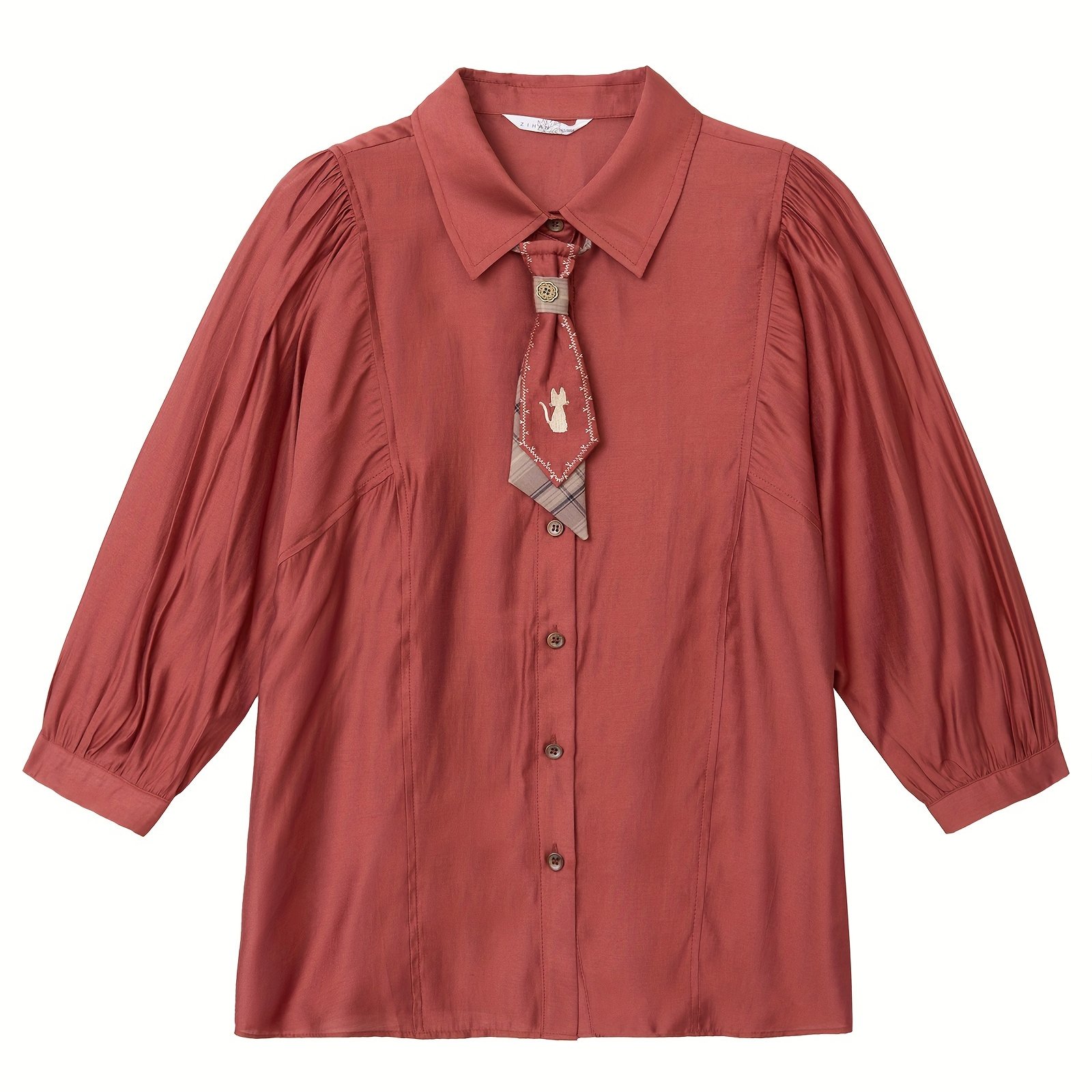 Pintuck Flat Collar Button Front Shirt, Vintage & Leisure Tight Cuff Solid Color 3 F4 Sleeve Shirt With A Tie For Spring & Summer, Women's Clothing