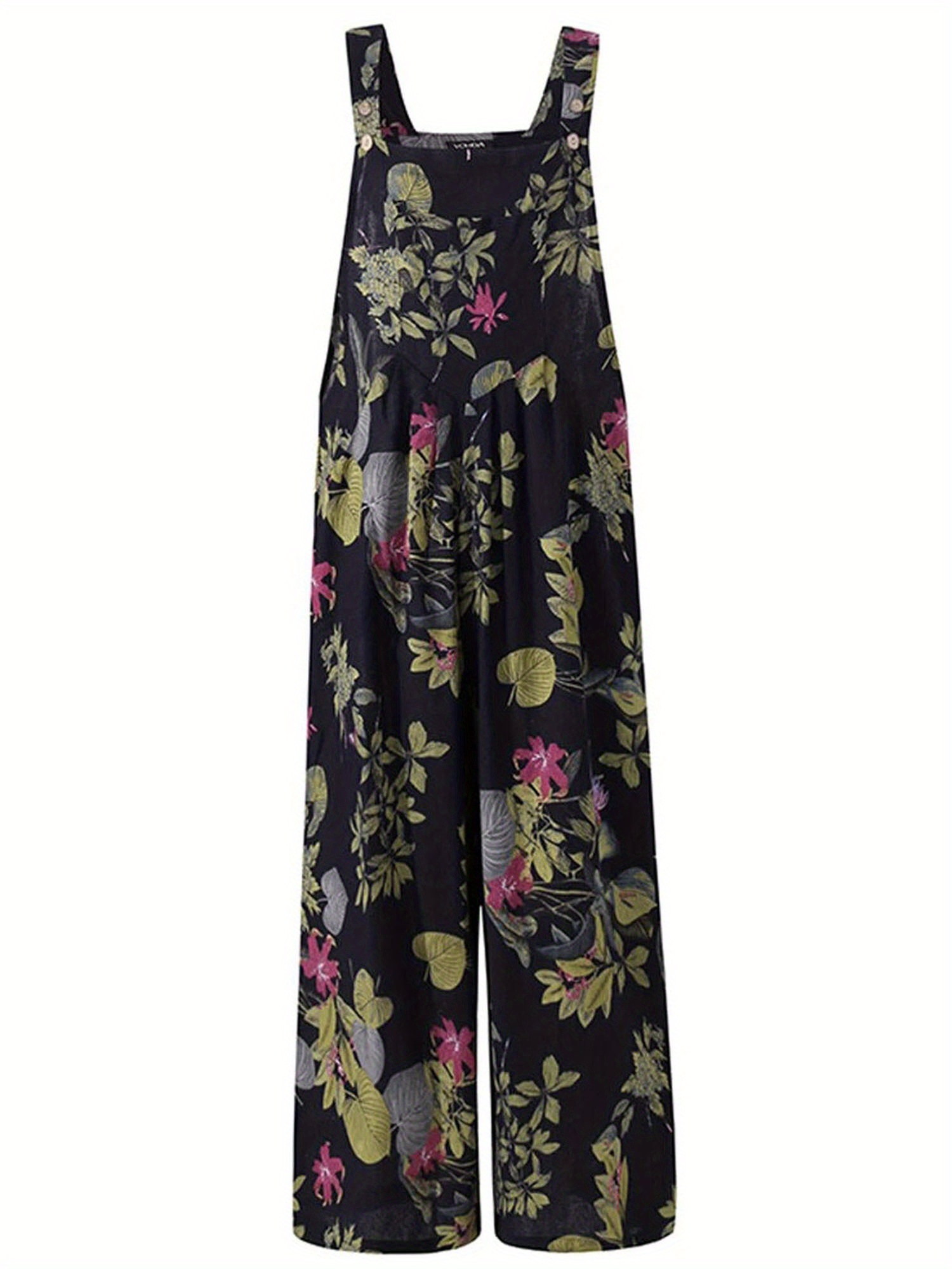 Women Plus Sizes Jumpsuit, Leaf Floral Print Square Neck Sleeveless Casual Overalls with Pockets for Girls, 3 Colors