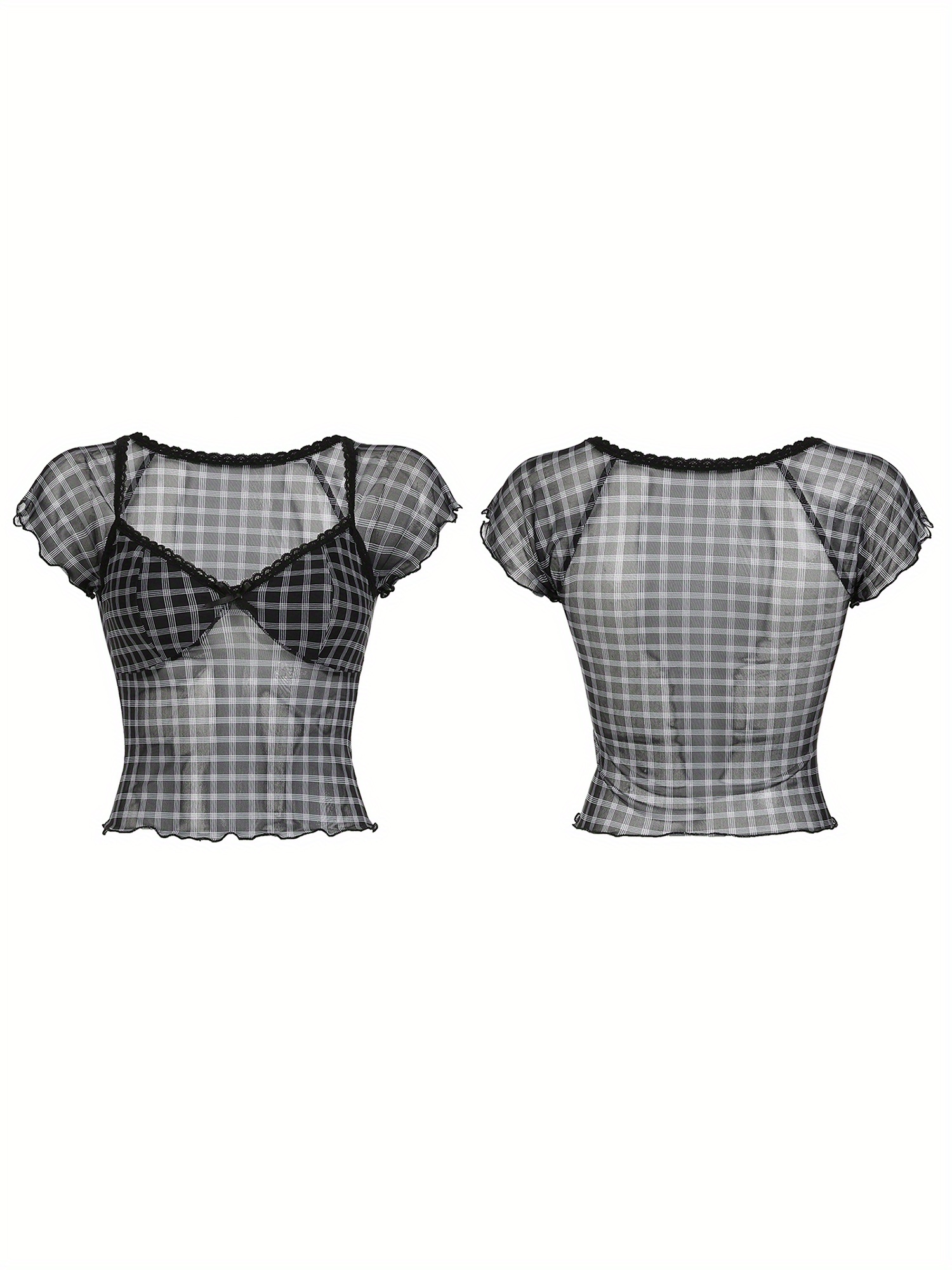 Women Crop Basic T-Shirts Summer Lettuce Trim Plaid Print Short Sleeve Tops for Streetwear Aesthetic Grunge Clothes