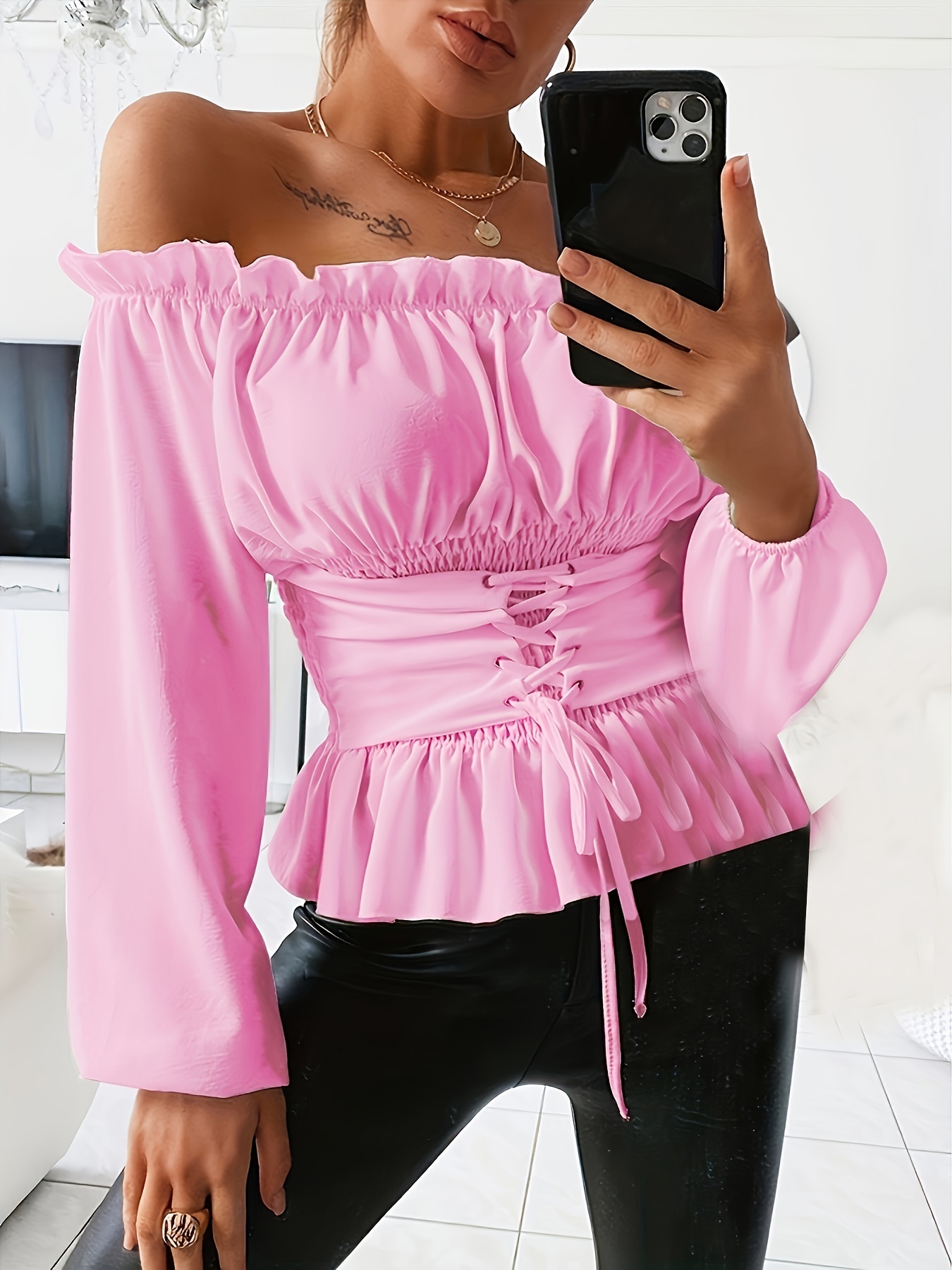 Chic Off Shoulder Ruffle Blouse with Tie Detail; Flattering Long Sleeve, Versatile & Machine Washable