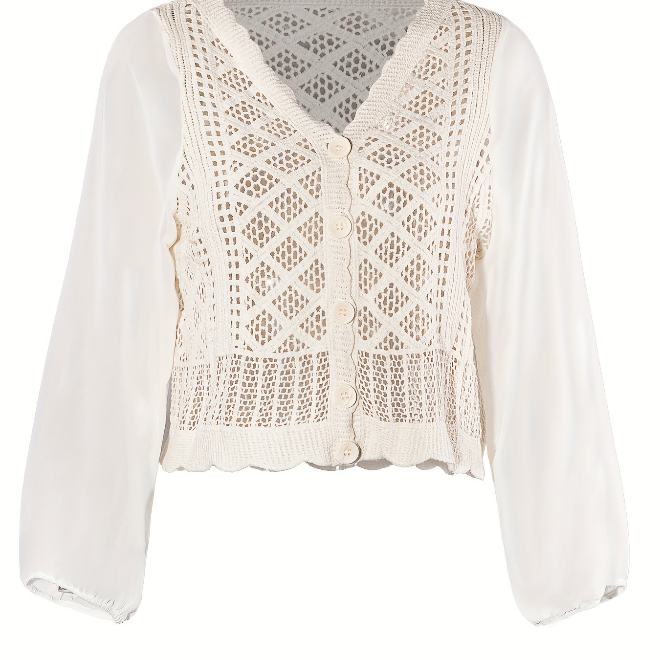 Women Fashion Hollow Out V Neck Long SLeeve Buckle Shirt