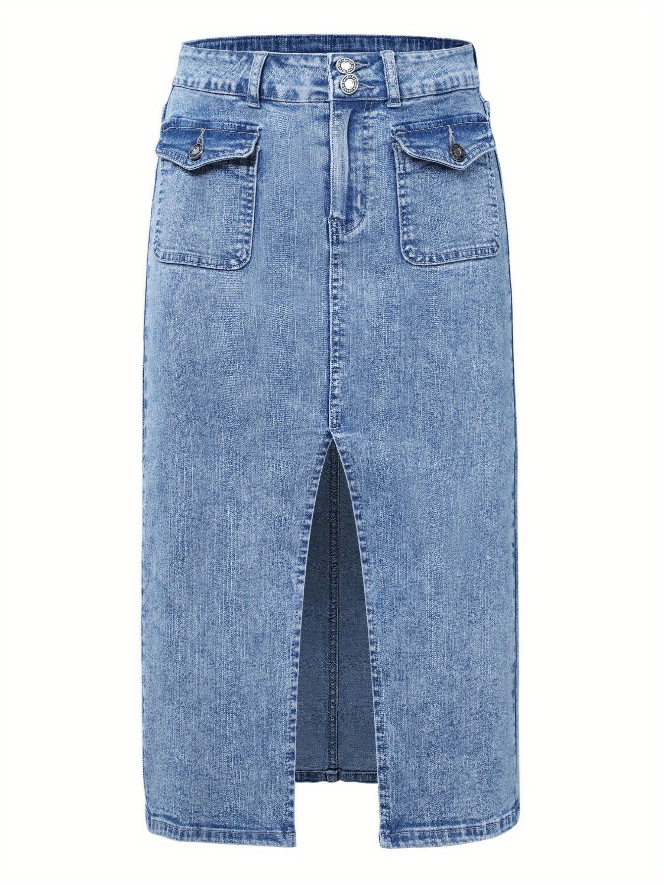 Women's Casual Midi-Length Denim Skirt With Front Slit And Patch Pockets, Straight Cut Jean Skirt