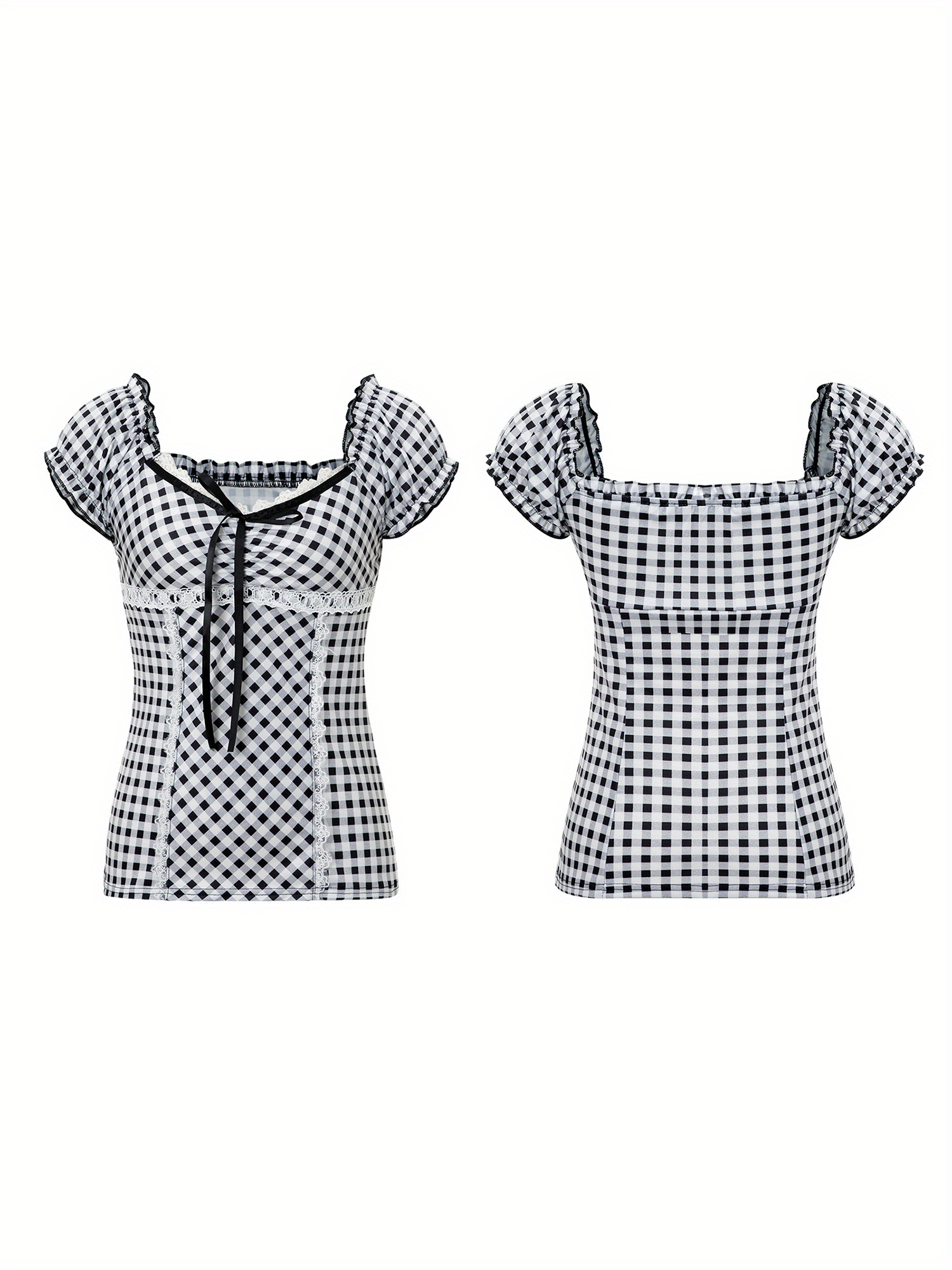 Women Plaid Print Lace Trim Short Sleeve Shirt Blouse Casual Slim Fit Gingham Ruffle Trim Shirts Fairy Grunge Harajuku V Neck Blouse Shirt Tie Up Bow Tee Shirt Top Y2k Streetwear