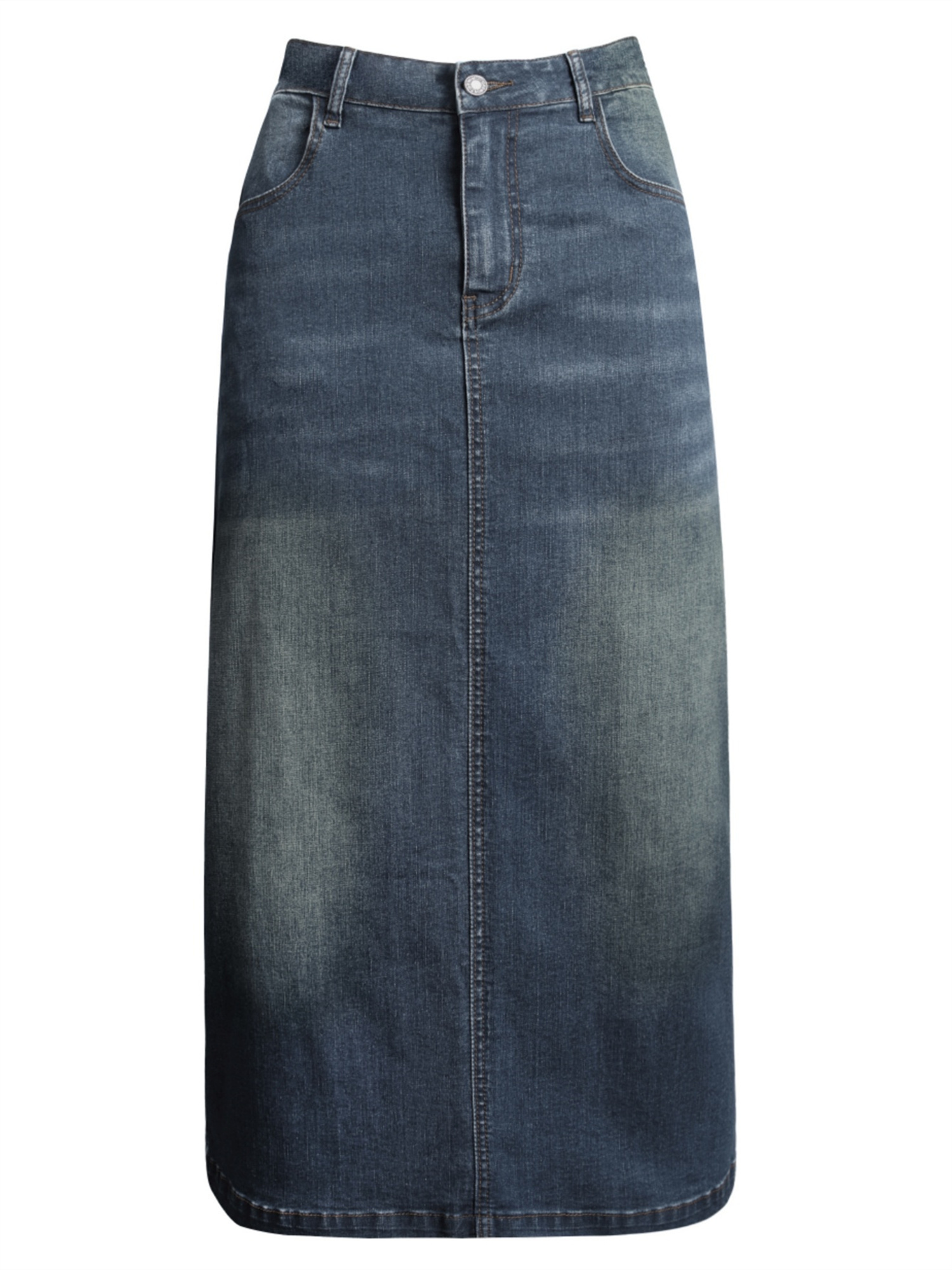 Plain Washed Blue Whiskering Casual Style High Rise Maxi Denim Skirt, Women's Denim Jeans & Clothing