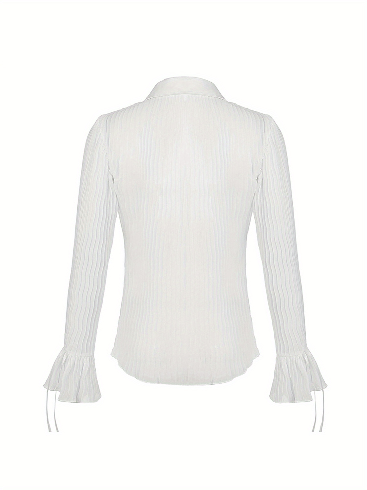 Women Sheer Button Up Blouse Sexy Collared Shirts Flare Sleeve Crop Top Streetwear Retro Ruched Shirt Slim Tops