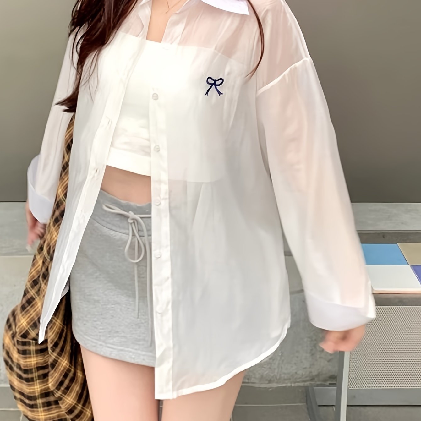 Women's Casual Polyester Blouse With Butterfly Embroidery, Relaxed Fit, UV Protection, Adjustable Button Front, Seasonless