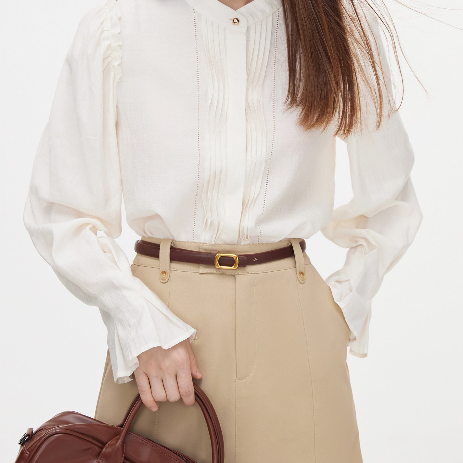 Elegant French-Inspired Women's Blouse - Long Sleeve With Stand Collar & Pleated Detail, Non-Stretch Viscose Blend, Perfect For Fall