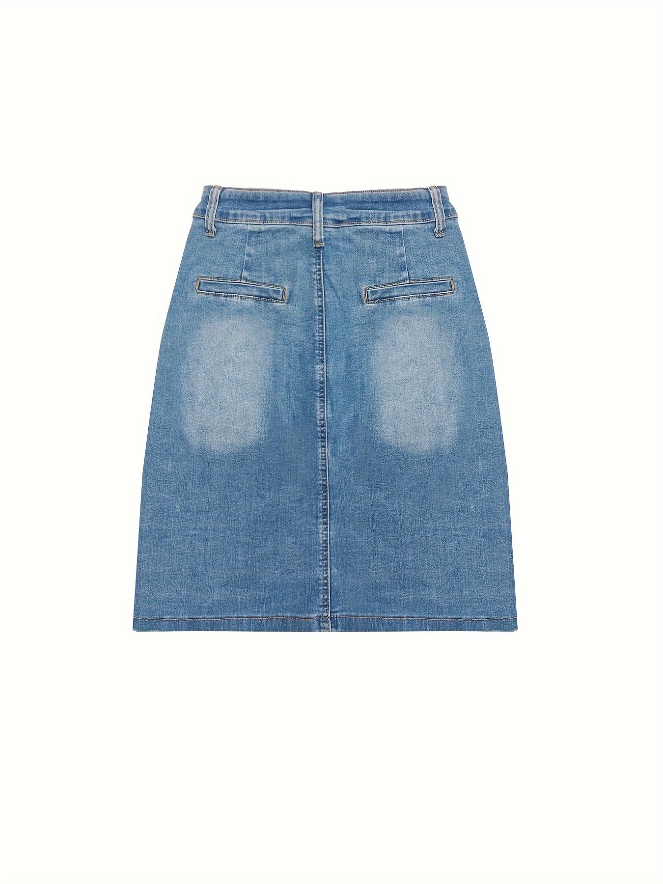 Single-breasted Button Fly Plain Washed Blue Split Sexy Denim Skirt, Women's Denim Jeans & Clothing
