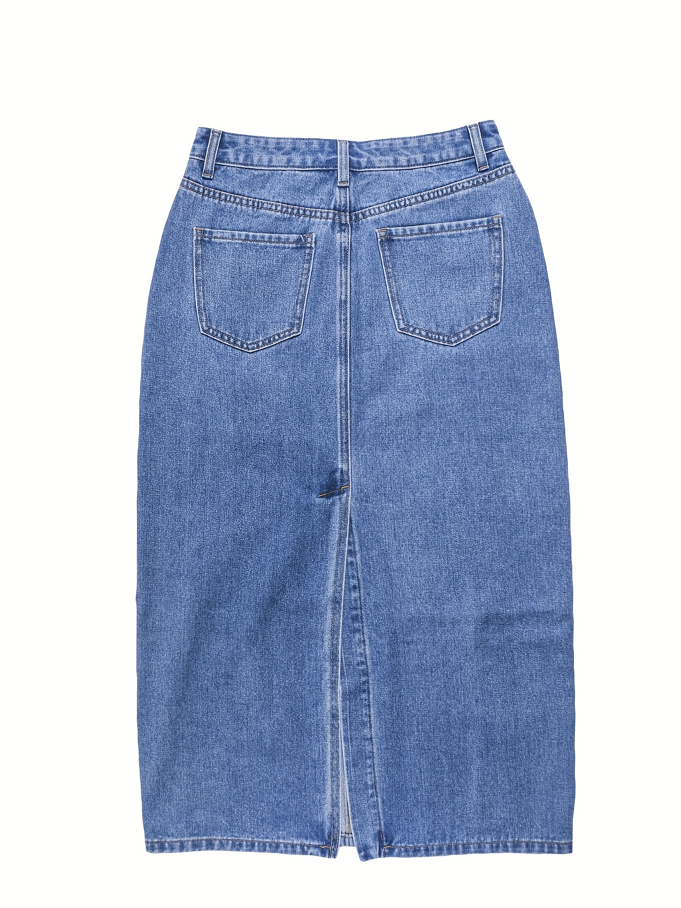 Split Back Hem Plain Washed Blue Streetwear Midi Denim Skirt, Women's Denim Jeans & Clothing