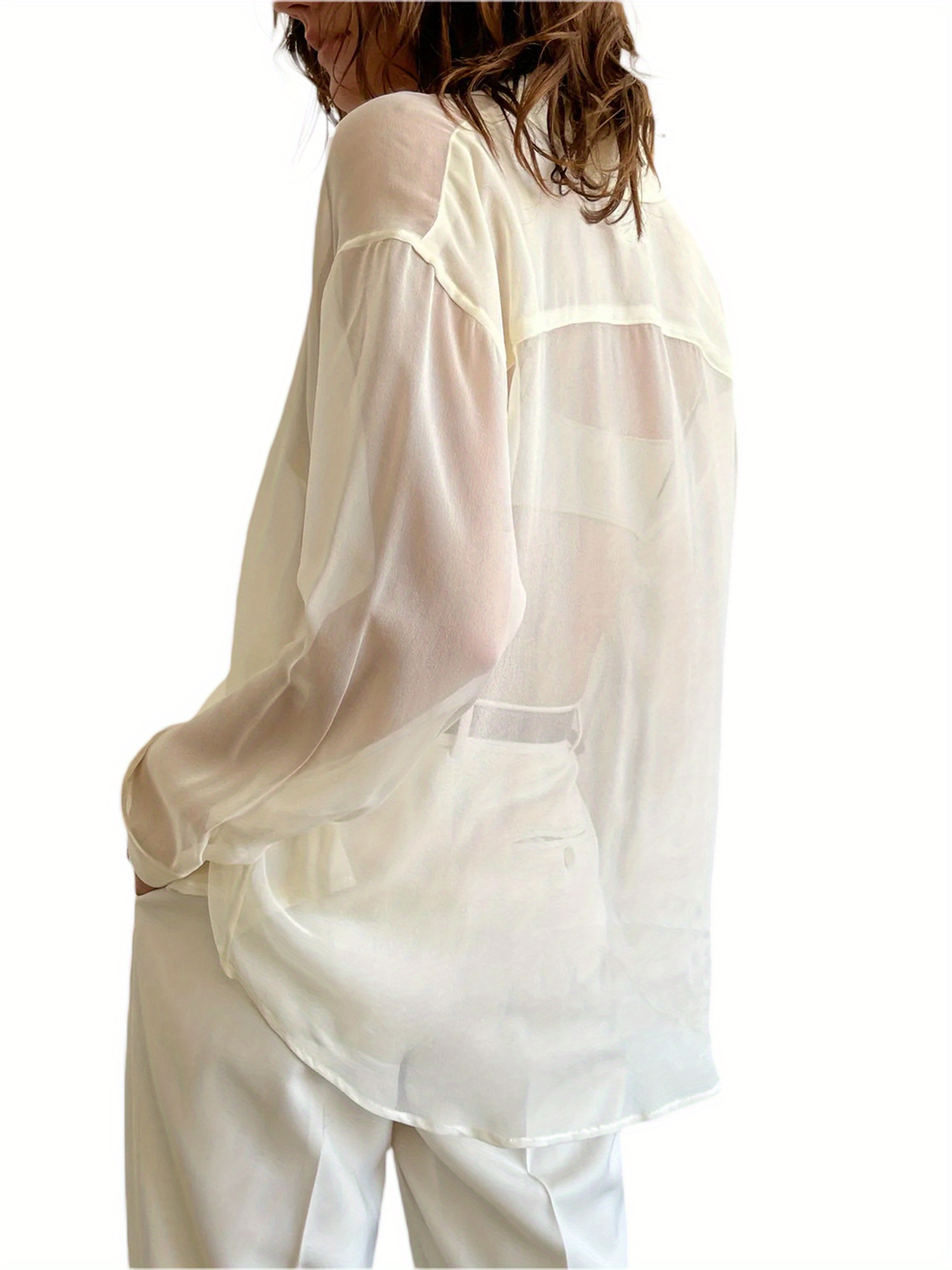 Womenacute;s Blouse, Lapel Collar Long Sleeve Button-Down See-Through Loose Shirt for Ladies