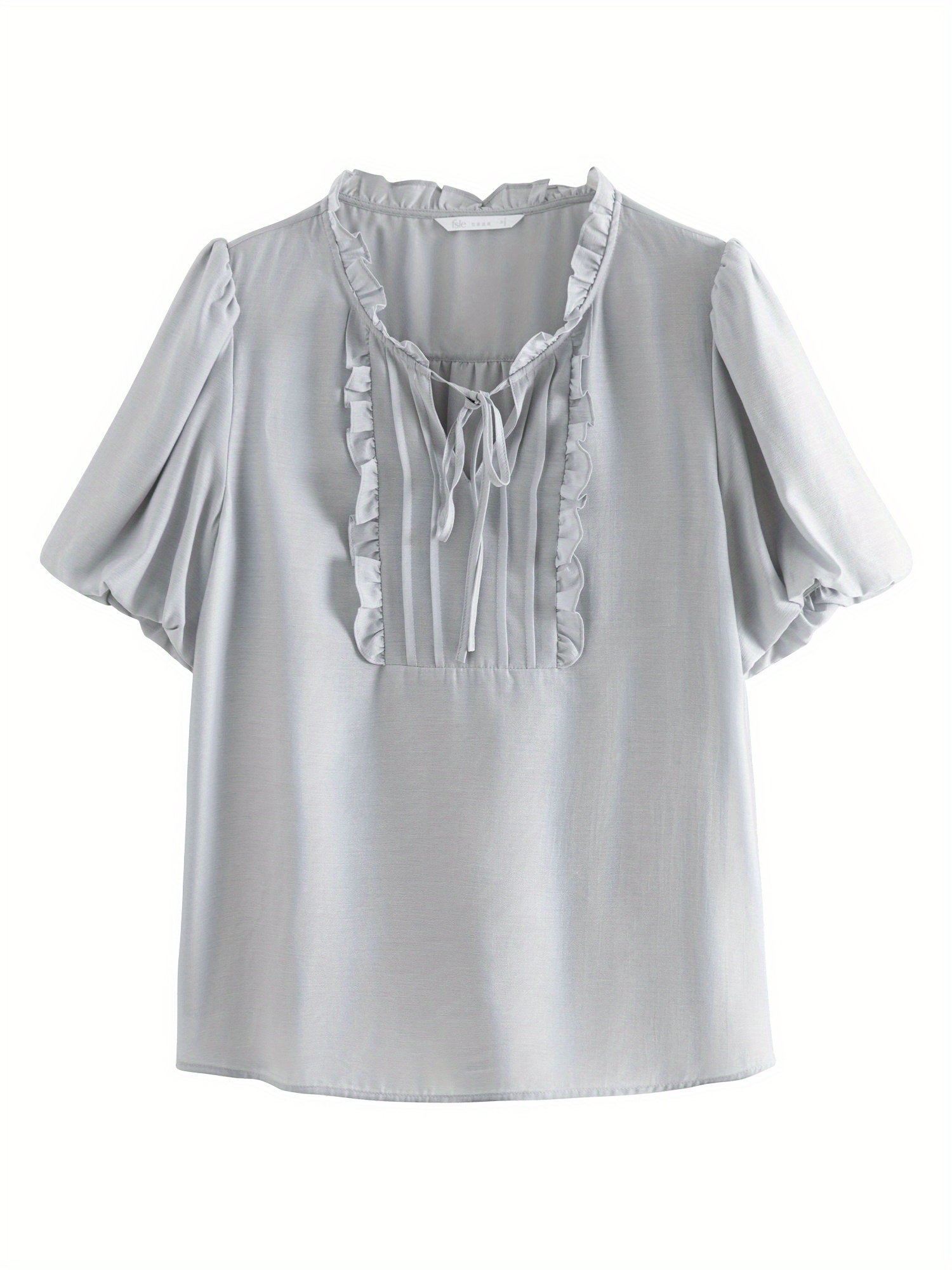 Ruffle Trim Tie Neck Blouse, Elegant Solid Short Sleeve Blouse For Spring & Summer, Women's Clothing