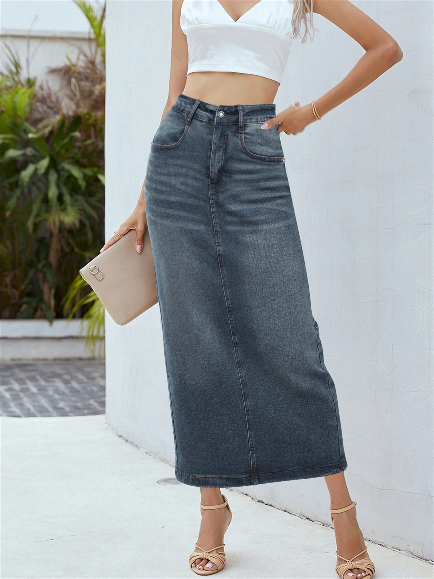 Plain Washed Blue Whiskering Casual Style High Rise Maxi Denim Skirt, Women's Denim Jeans & Clothing