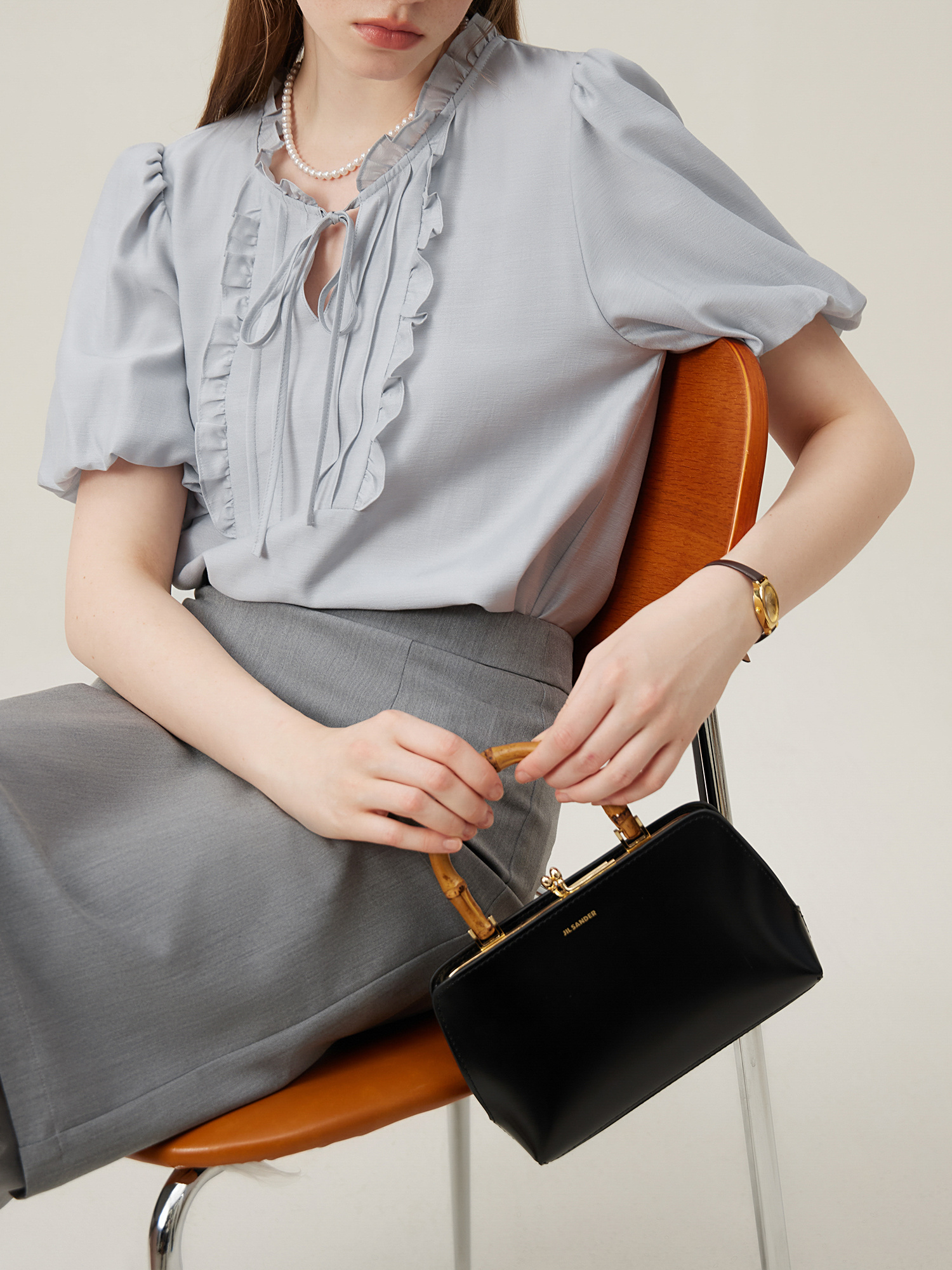 Ruffle Trim Tie Neck Blouse, Elegant Solid Short Sleeve Blouse For Spring & Summer, Women's Clothing