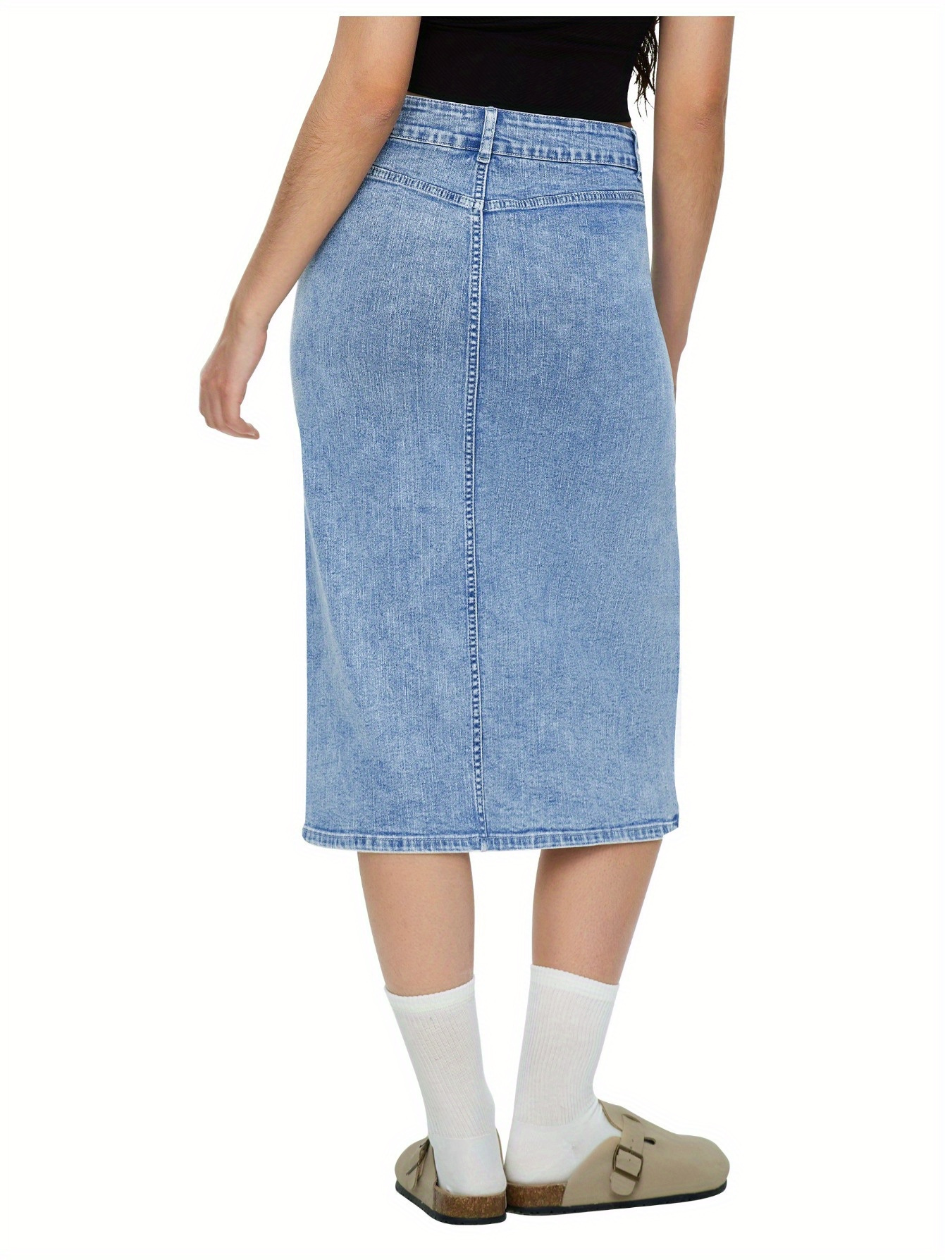 Women's Casual Midi-Length Denim Skirt With Front Slit And Patch Pockets, Straight Cut Jean Skirt