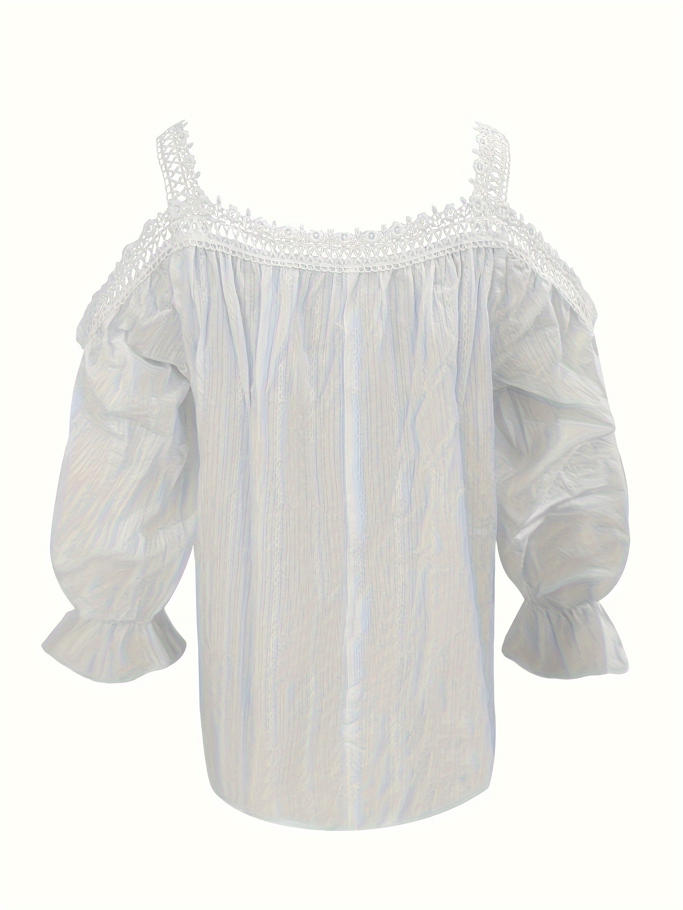 Lace Splicing V Neck Blouse, Elegant Cold Shoulder Long Sleeve Blouse For Spring & Fall, Women's Clothing