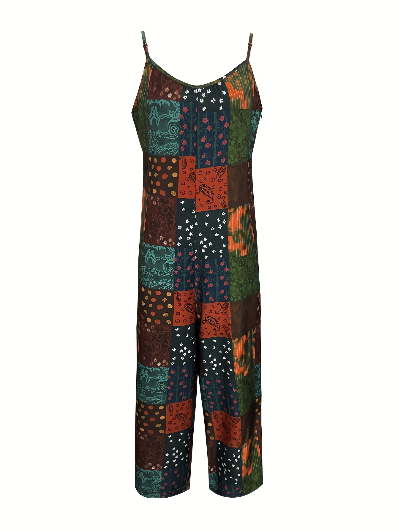 Vintage-Inspired Jumpsuit - Unique Patchwork Print, Sultry Backless Design, Delicate Spaghetti Strap - Perfect for Women Who Want to Make a Statement, Ideal for Casual Outings, Date Nights, or Special Occasions