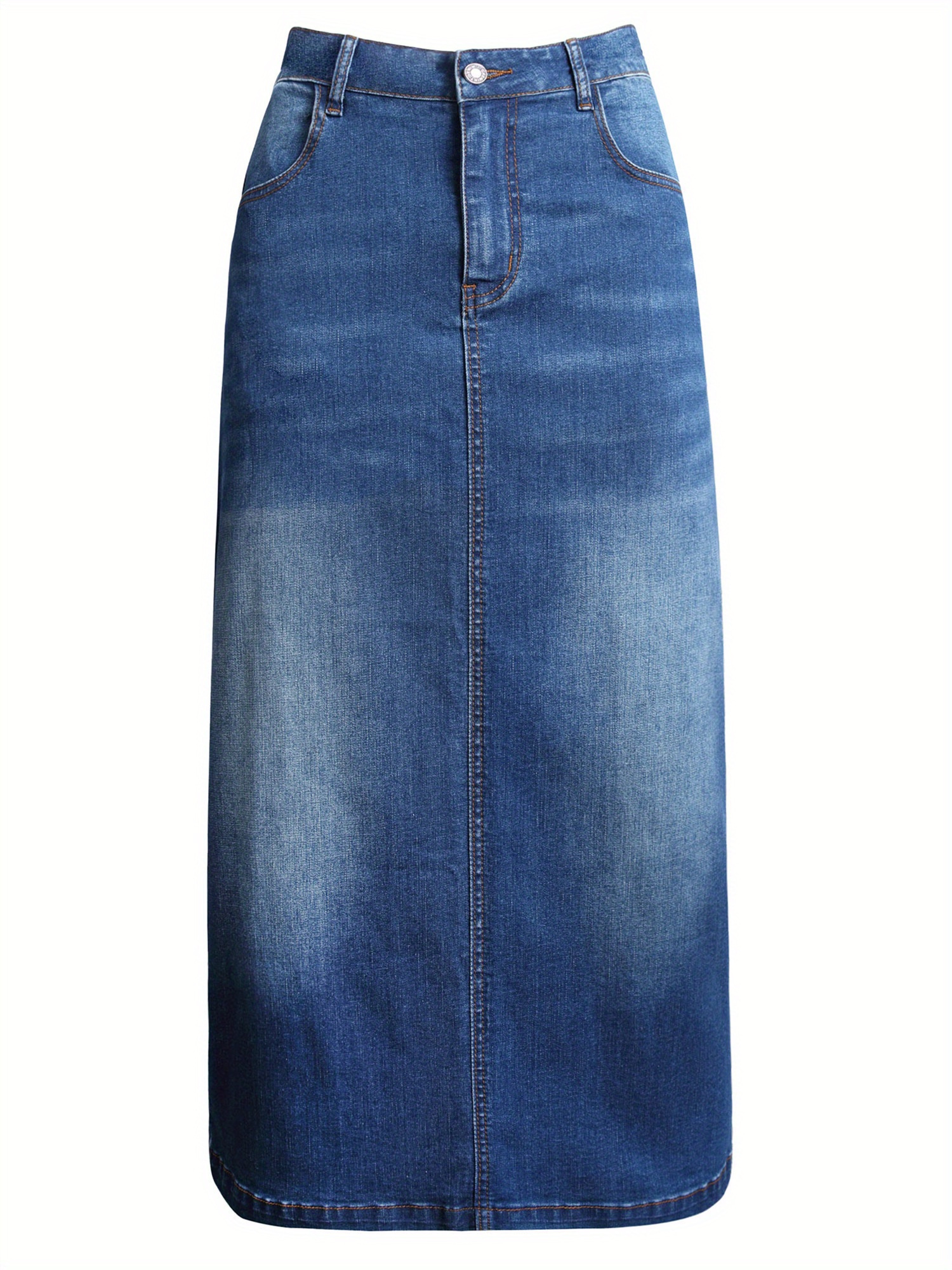 Plain Washed Blue Whiskering Casual Style High Rise Maxi Denim Skirt, Women's Denim Jeans & Clothing