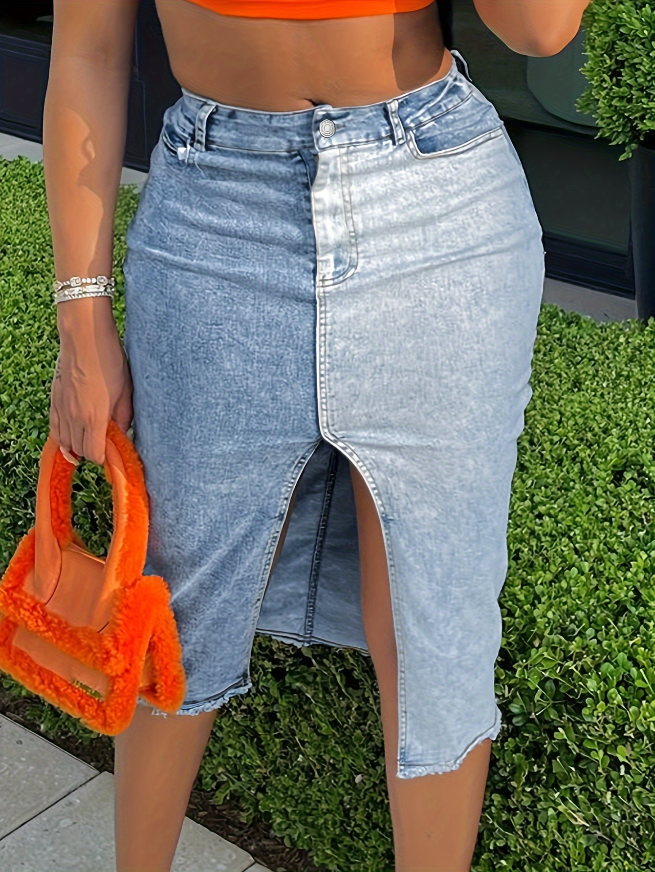 Color Block Patchwork Split Front Streetwear Midi Denim Skirt, Women's Denim Jeans & Clothing