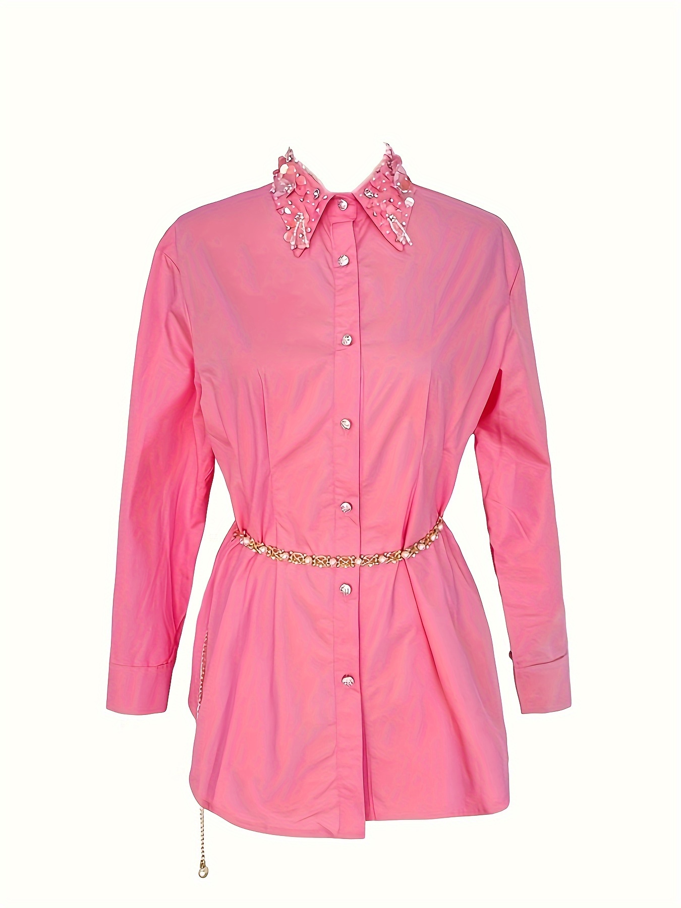 Women's Casual Comfy Vibrant Shirt-100% Polyester, Long Sleeve, Chain Belt, Rhinestone Trim Neckline, Single Breasted, Straight Hem-perfect For Work&vacation